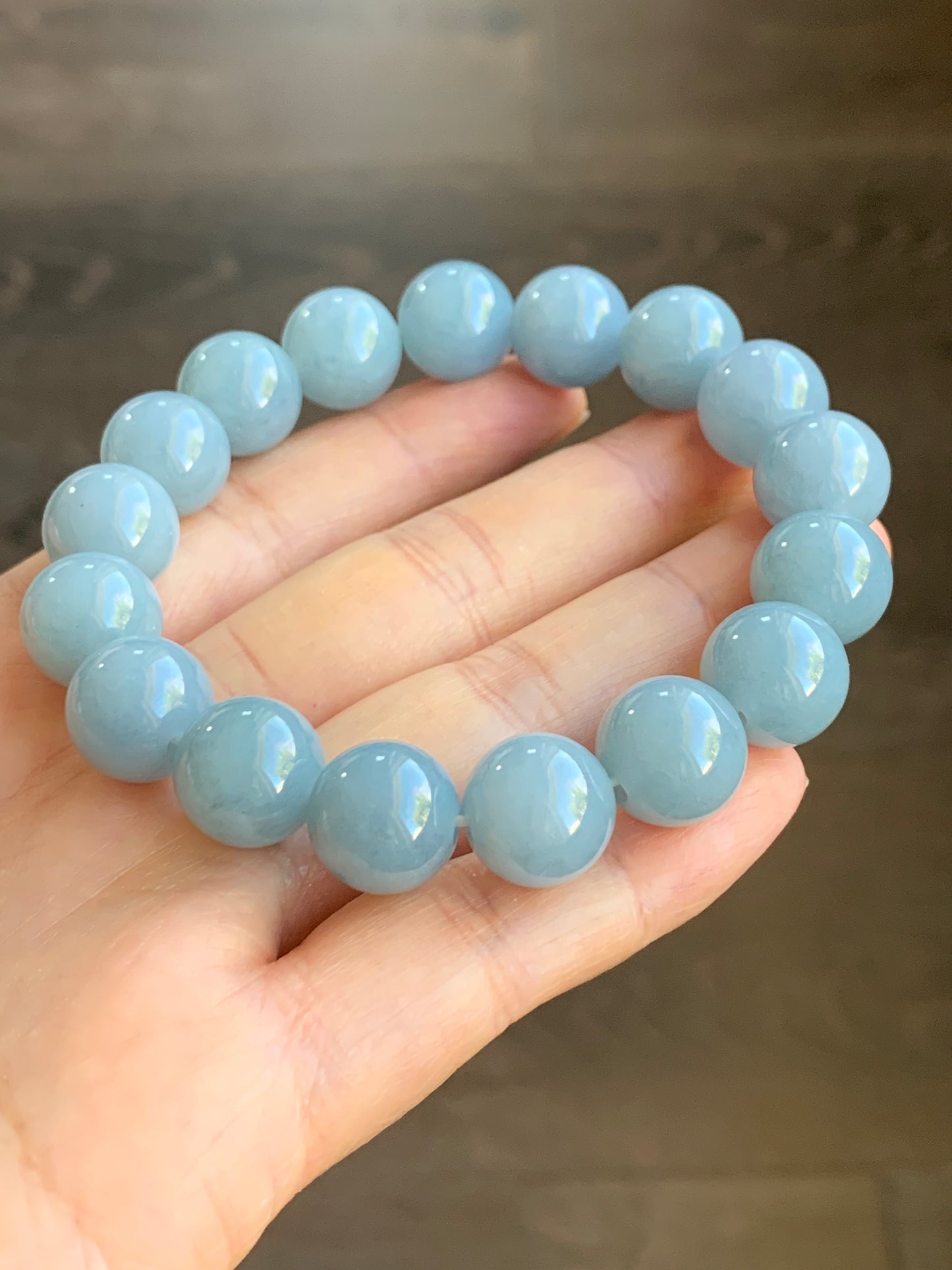 Certified Natural Grade A Icy Translucent Dusty Light Blue Jadeite Large Beaded Bracelet 12.3mm 7.75” 54g 7851