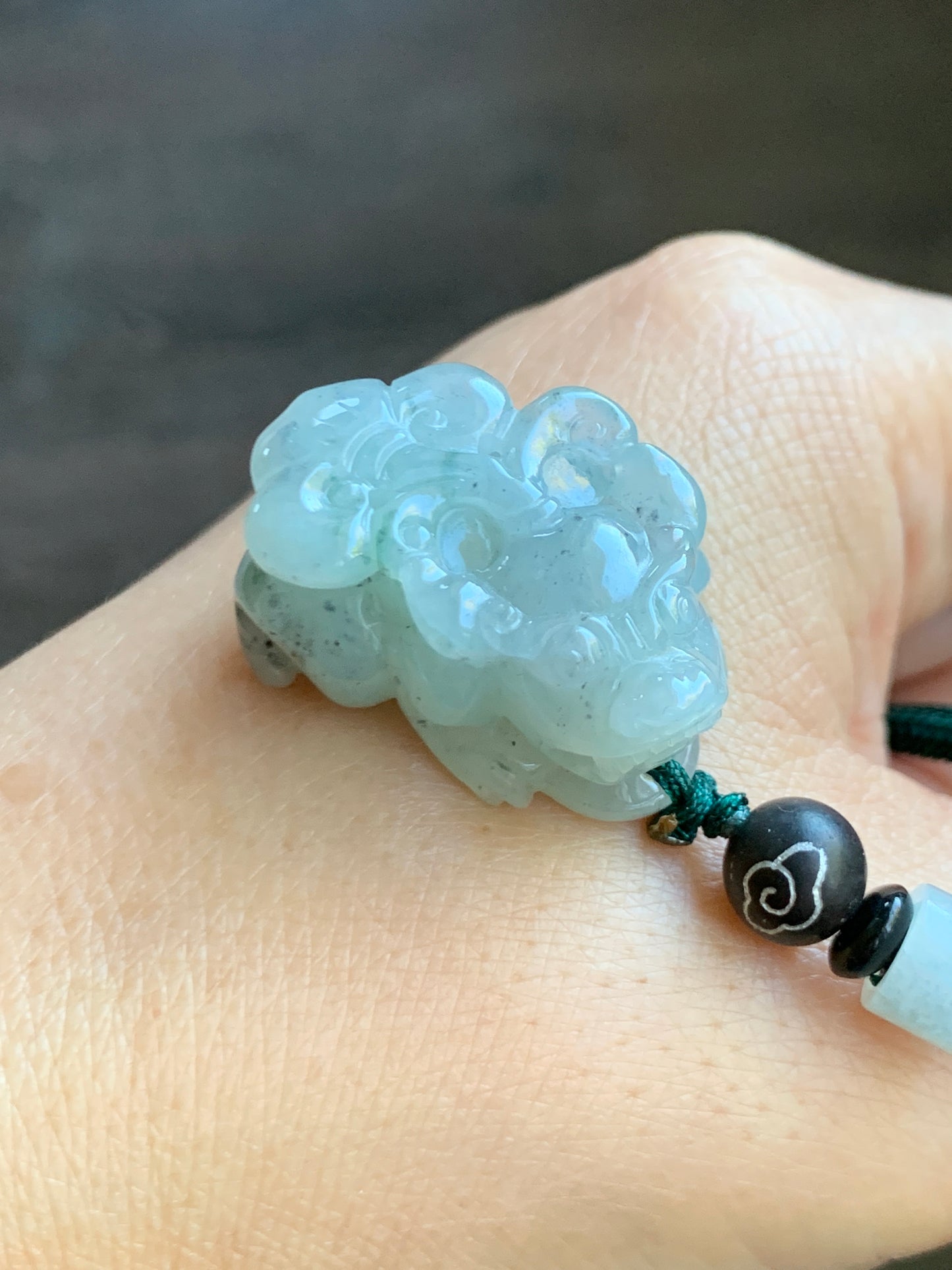 Large Natural Grade A Icy Translucent Gelatinous Green Marbled Jadeite Pixiu Pendant Rope Necklace 26" Adjustable 天然冰胶飘海草绿花貔貅吊坠挂件