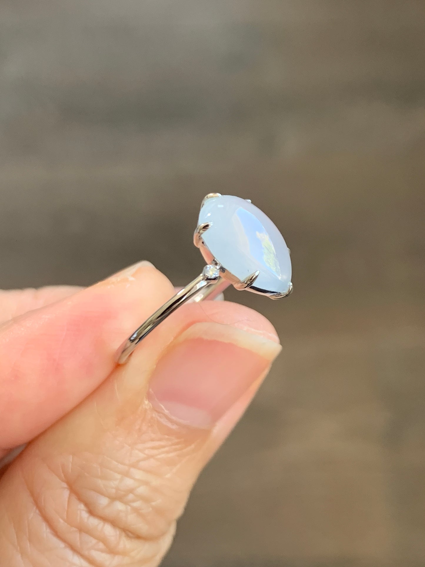 Certified Natural  Icy Translucent Gelatinous White Jadeite Teardrop Ring 18K White Gold and Diamonds size 7 天然白冰胶翡翠水滴镶嵌戒指 1690