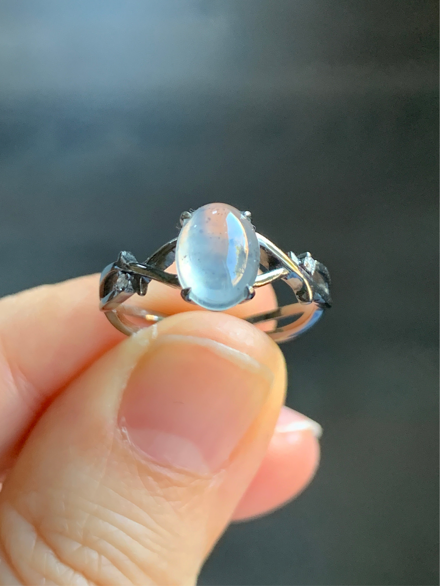 Certified Natural Grade A Premium Icy Transparent Wuji Marbled Jadeite Oval Solitaire Ring 18K Black Gold Diamonds Size 6.75 US 天然起光冰乌鸡翡翠黑金钻石戒指