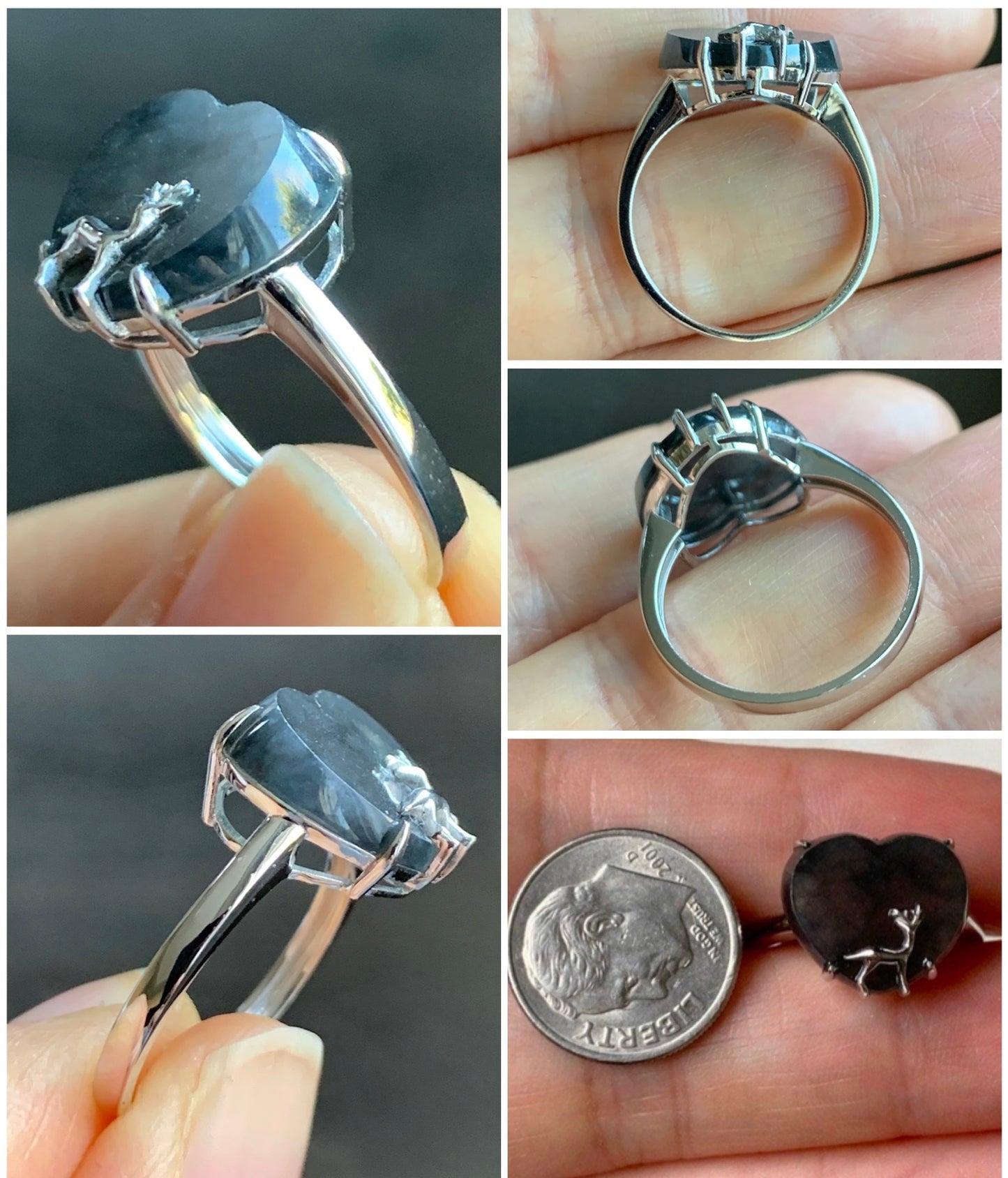 Certified Natural Grade A Premium Icy Translucent Dark Wuji Jadeite Heart Ring w/ Deer Design 18K White Gold Sz 7 3.04g 天然冰乌鸡翡翠爱心小鹿镶嵌戒指 3887