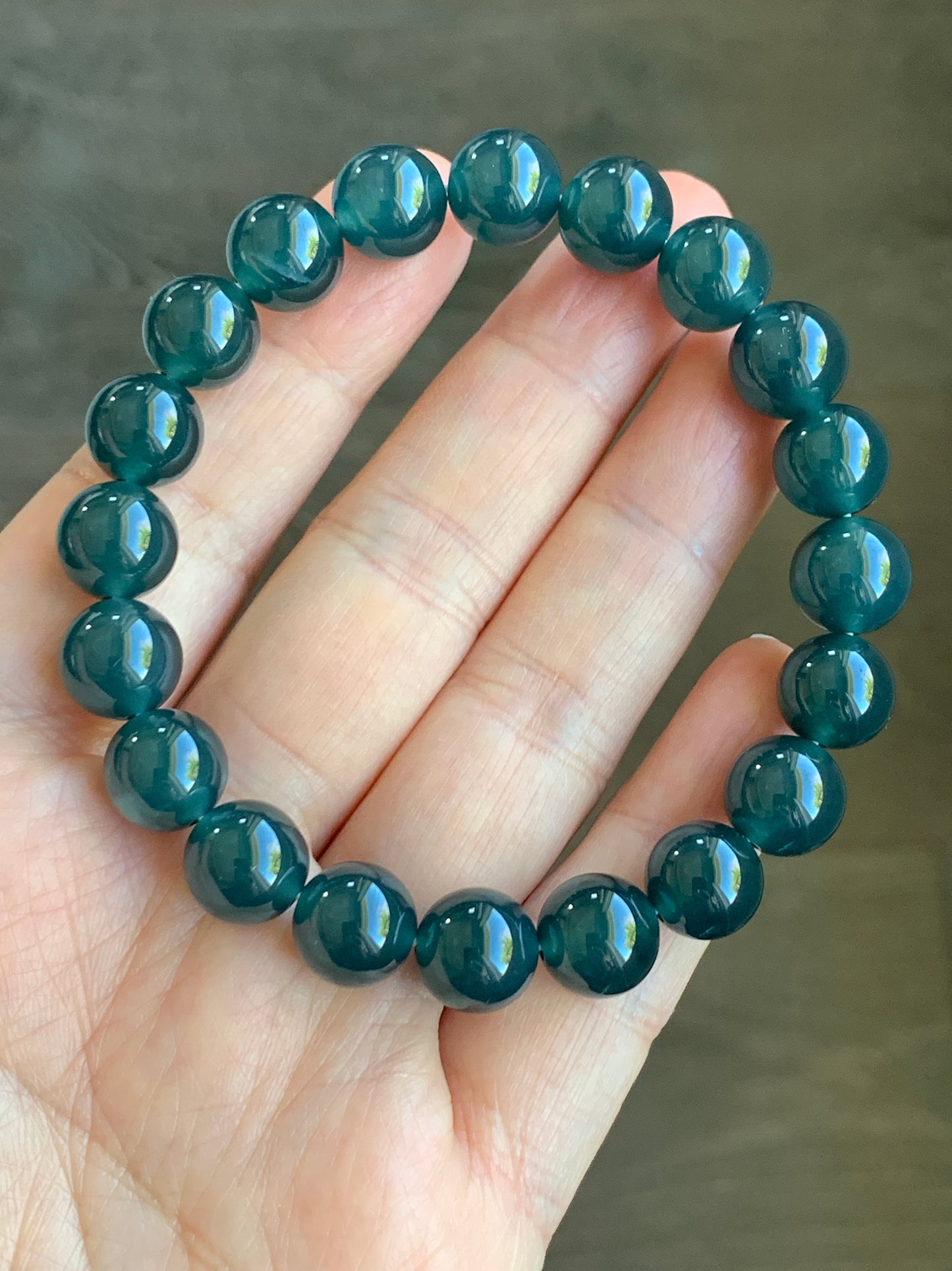 Certified Natural Grade A Icy Highly Translucent Gelatinous Dark Teal Blue Jadeite Beaded Bracelet 9.9mm 7.25” 33g 7817