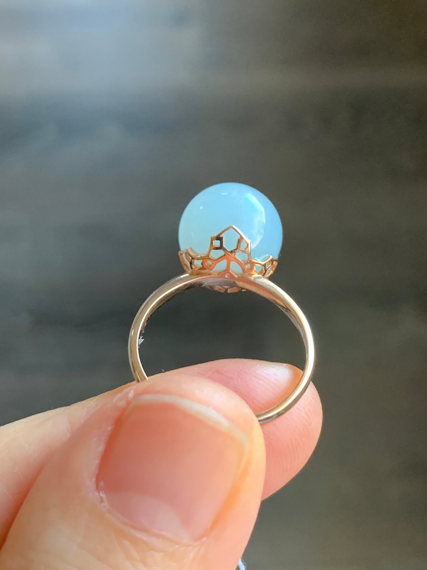 Certified Natural Grade A Icy Translucent Gelatinous Light Blue Jadeite Sphere Round Bead Ring 18K Rose Gold 4.71g sz 7 US 天然A货冰胶淡蓝翡翠单珠镶嵌戒指