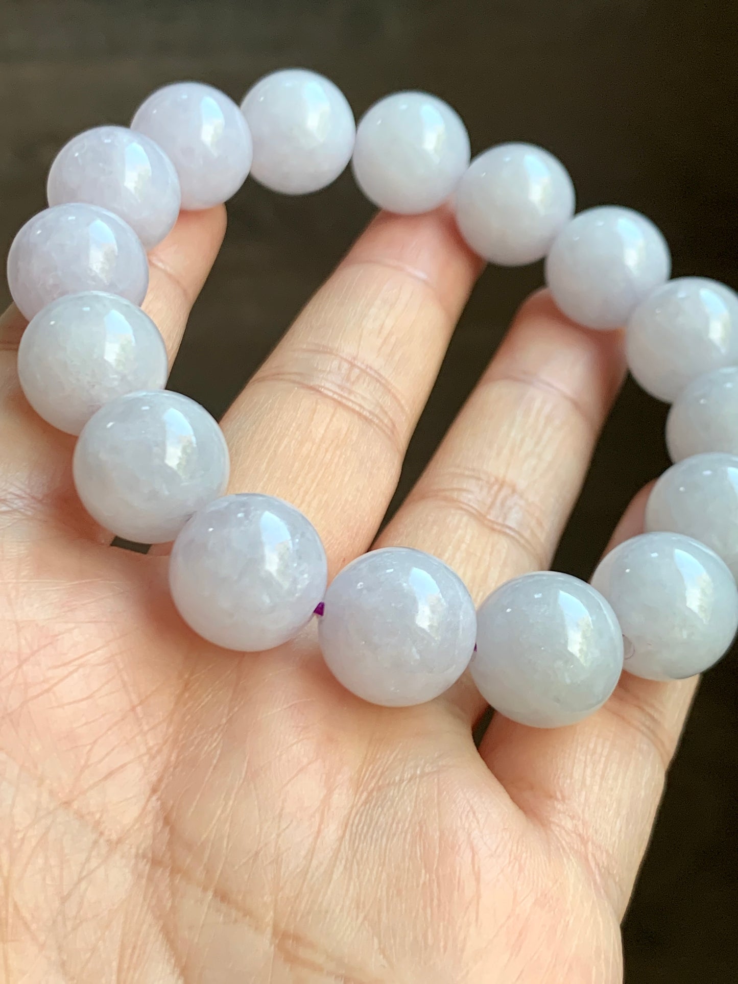 Certified Natural  Icy Translucent White Jadeite Light Lavender Undertone Beads Beaded Bracelet 13.4mm 8” 68.9g 天然冰胶紫底翡翠大卡手串 4100