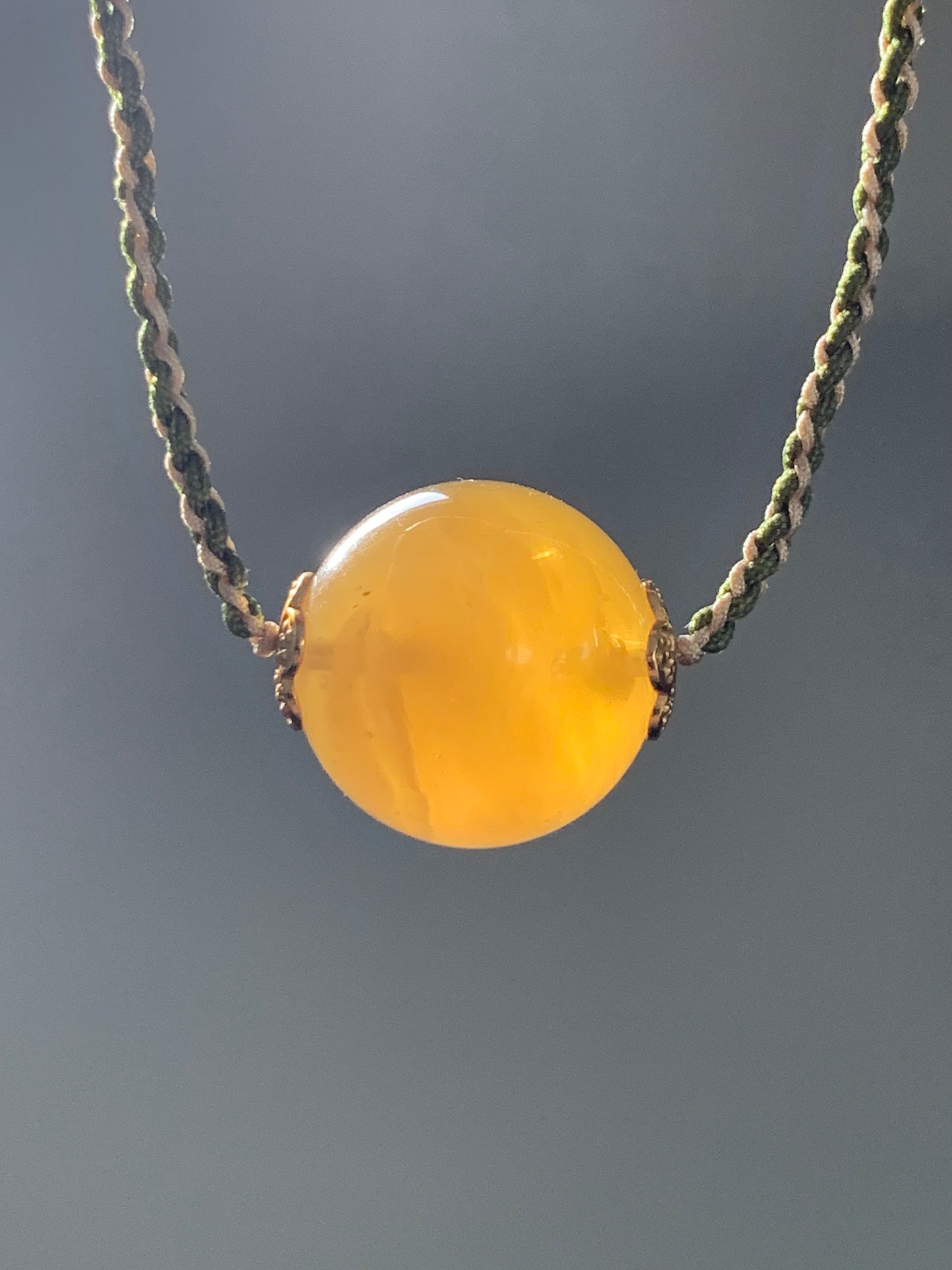 Natural Honeybee Wax Amber Large Sphere Rope Necklace w/ Amber Charms Sterling Silver 17” Adjustable