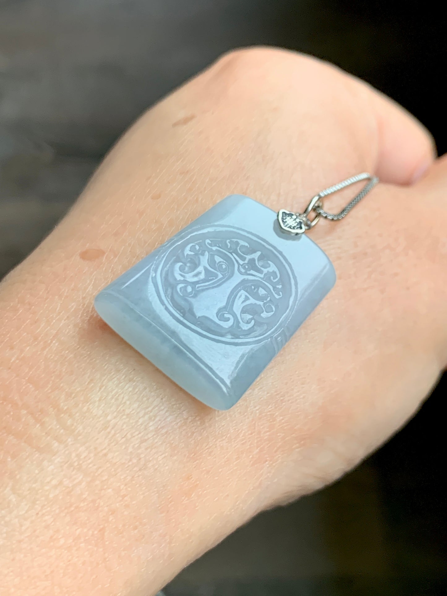 Natural Grade A Icy Translucent Pastel Blue Jade Jadeite Tao Tie Mythological Beast Tag Pendant Sterling Silver 7g 天然冰淡蓝底翡翠饕餮牌吊坠 TTE180