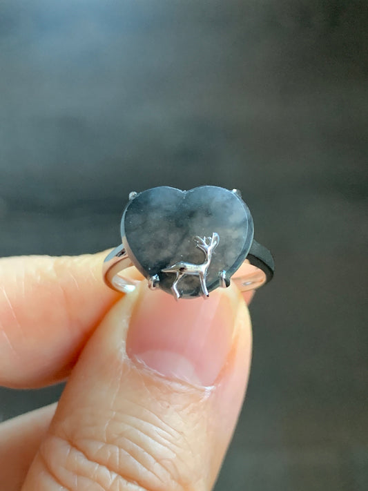 Certified Natural Grade A Premium Icy Translucent Dark Wuji Jadeite Heart Ring w/ Deer Design 18K White Gold Sz 7 3.04g 天然冰乌鸡翡翠爱心小鹿镶嵌戒指 3887