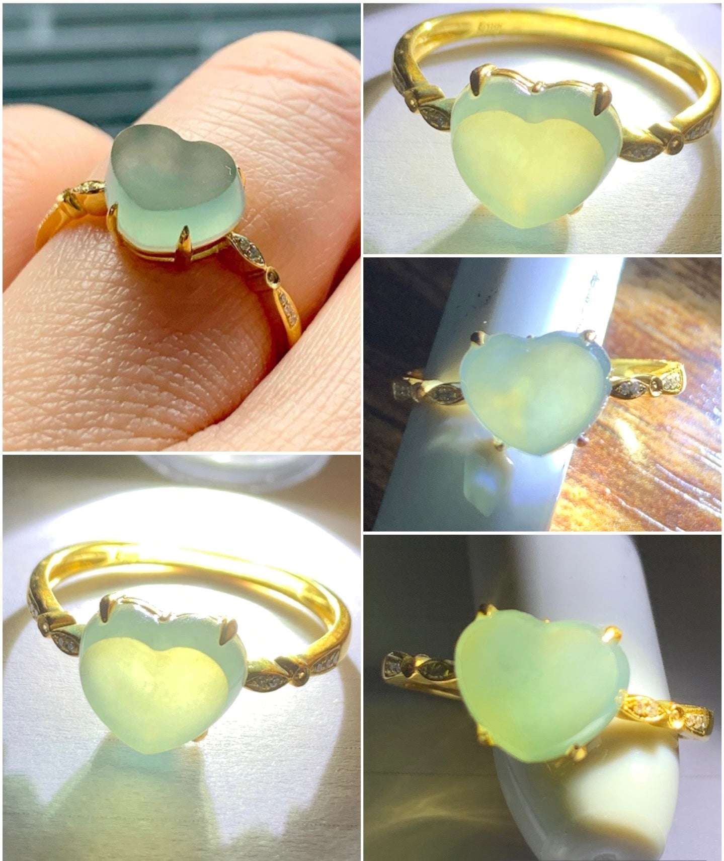 Certified Grade A Natural Premium Icy Light Green Faceted Jadeite Heart Cabochon 18K Yellow Gold Diamond Ring Sz 6.75 US 2.1g 天然正冰晴底翡翠切割面爱心钻石戒指