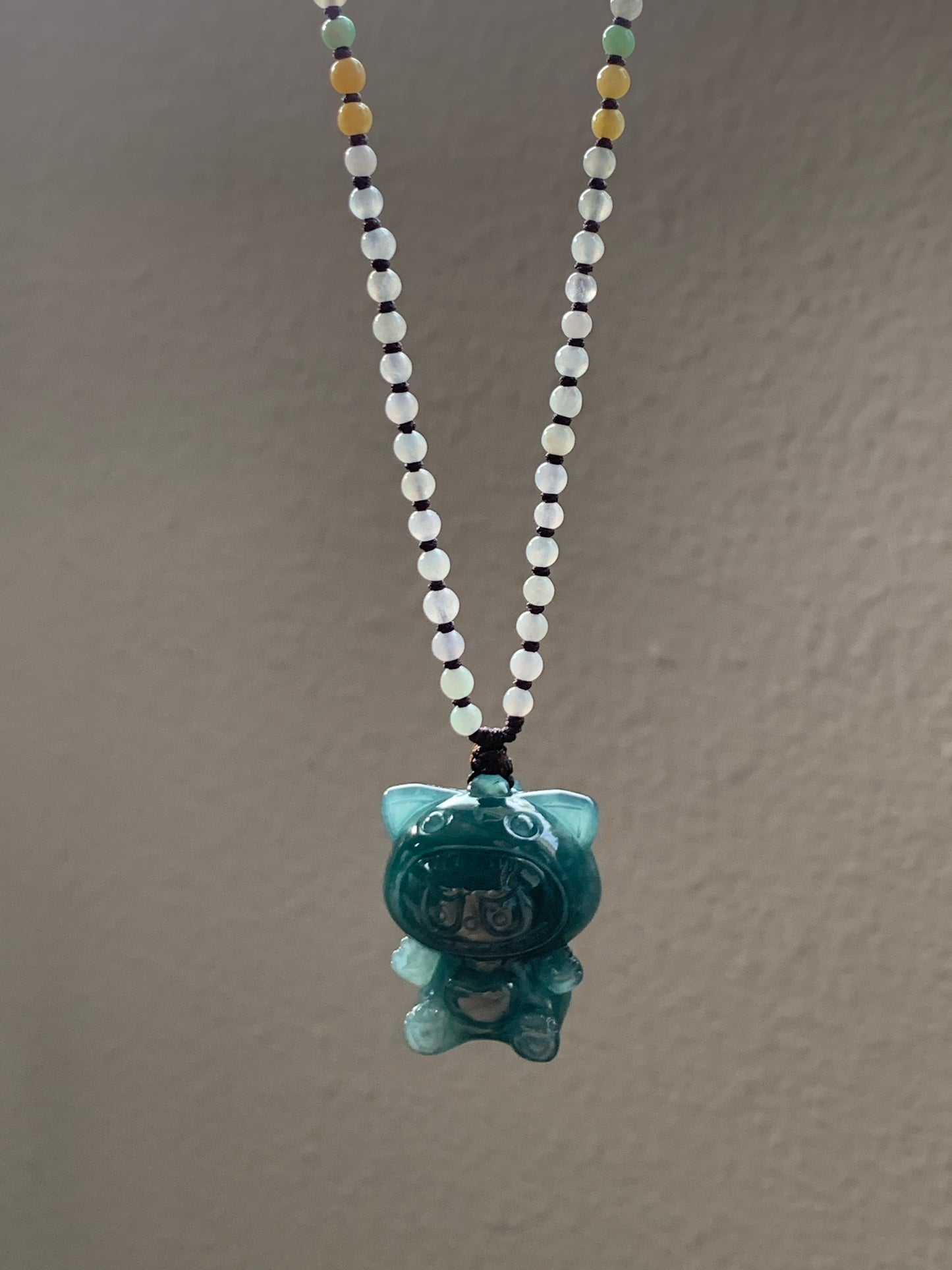 Natural Grade A Guatemalan Icy Translucent Dark Teal Blue Jade Jadeite Carved Labubu Pendant Beaded Necklace 23.5” 天然冰危深蓝绿翡翠吊坠 LBB138