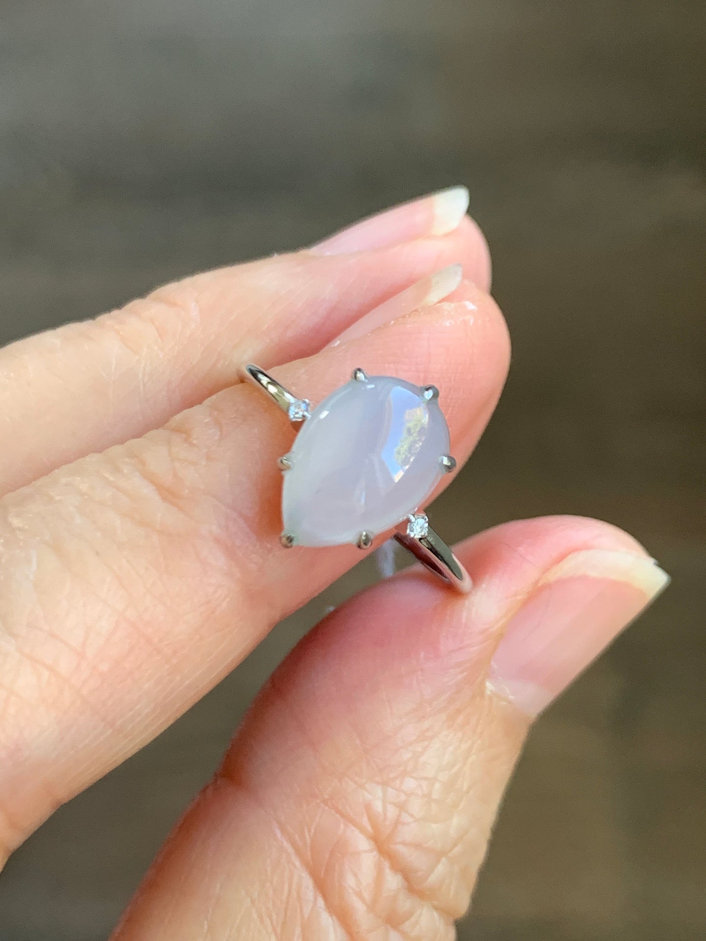 Certified Natural  Icy Translucent Gelatinous White Jadeite Teardrop Ring 18K White Gold and Diamonds size 7 天然白冰胶翡翠水滴镶嵌戒指 1690