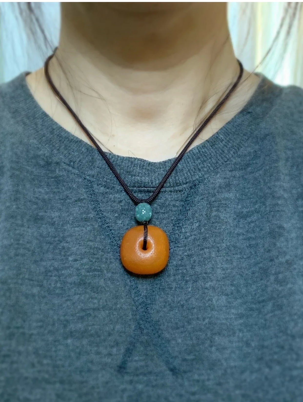 Natural Beewax Amber Large Square Donut Natural Guatemalan Light Dusty Blue Engraved Barrel Bead Necklace Sterling Silver