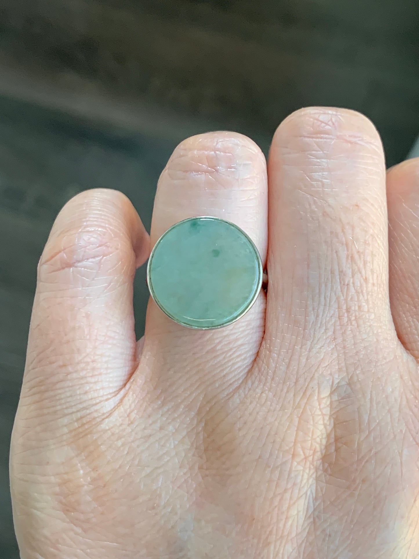 Natural Grade A Icy Translucent Gelatinous Dusty Green w/ Green Marbling Jade Jadeite Disc Ring S925 Silver Size Adjustable 天然晴绿飘花翡翠无事牌银镶戒指 WSP