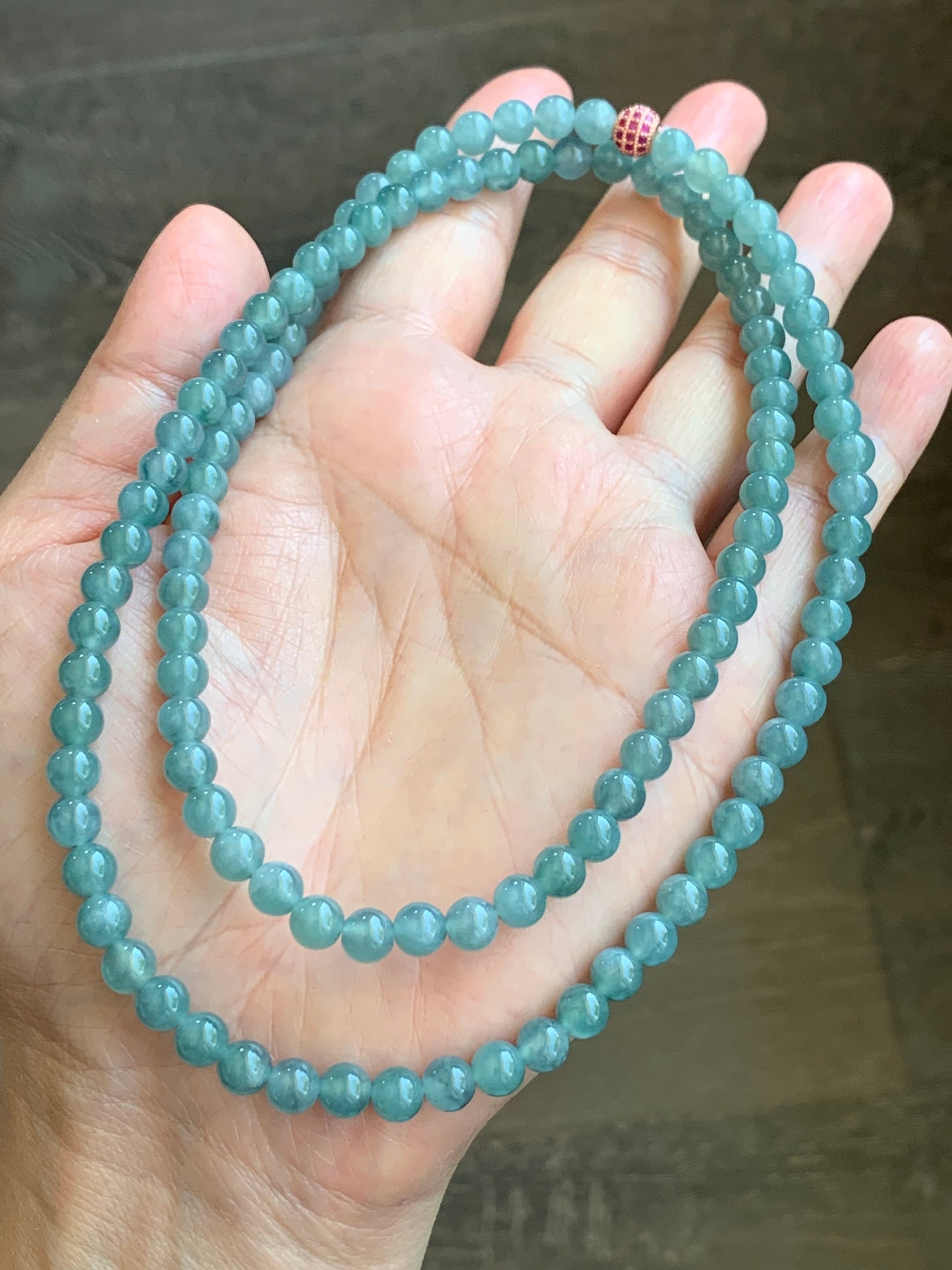 WQL280-Natural Grade A Guatemalan Icy Translucent Blue Jadeite Petite Beads Beaded Necklace 5.9mm 25”