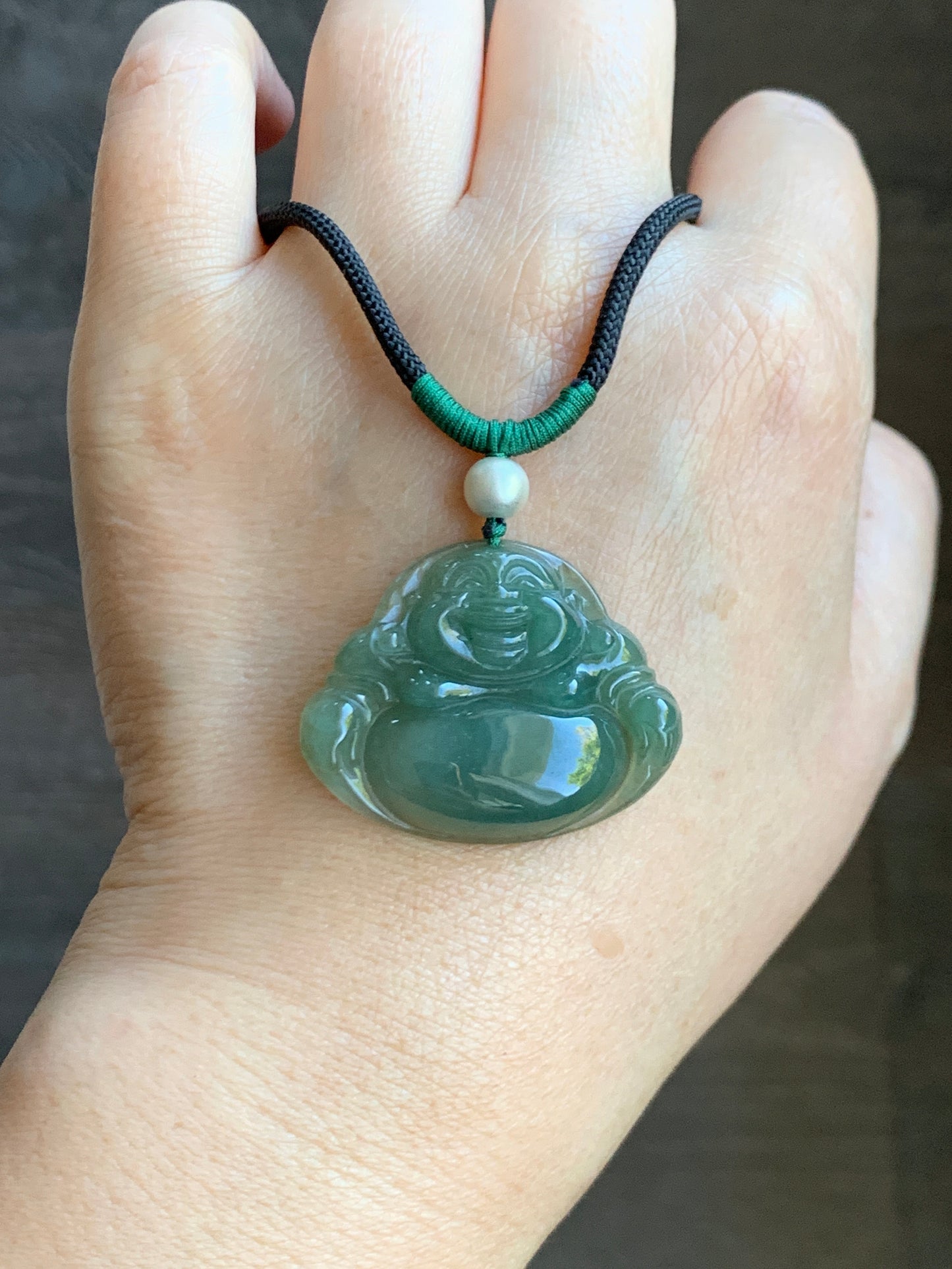 Natural  Icy Translucent Gelatinous Dark "Tea" Green Jadeite Buddha Pendant Rope Necklace Sterling Silver 28” 天然老油青翡翠佛公吊坠 LYQ225D