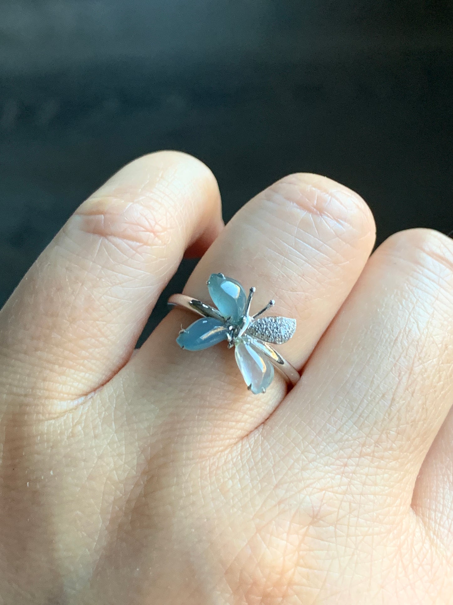 Certified Natural Grade A Guatemalan Premium Icy Blue & White Jadeite Butterfly Ring 18K White Gold Diamonds Sz 7 US 天然危蓝正冰起光翡翠蝴蝶钻石白金镶嵌戒指