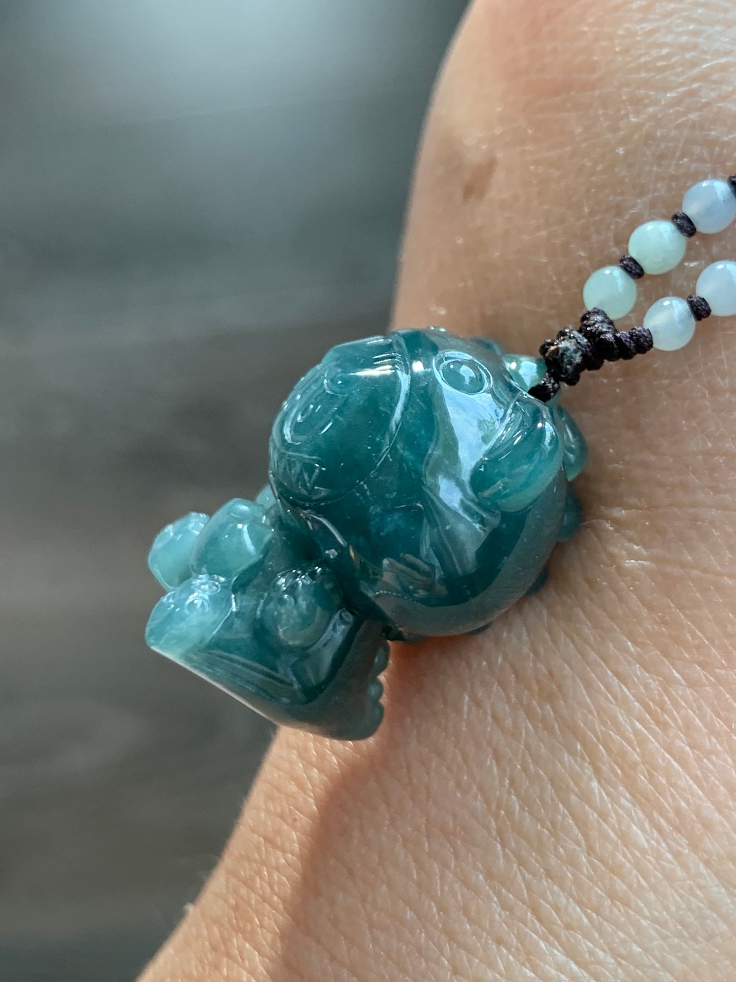 Natural Grade A Guatemalan Icy Translucent Dark Teal Blue Jade Jadeite Carved Labubu Pendant Beaded Necklace 23.5” 天然冰危深蓝绿翡翠吊坠 LBB138