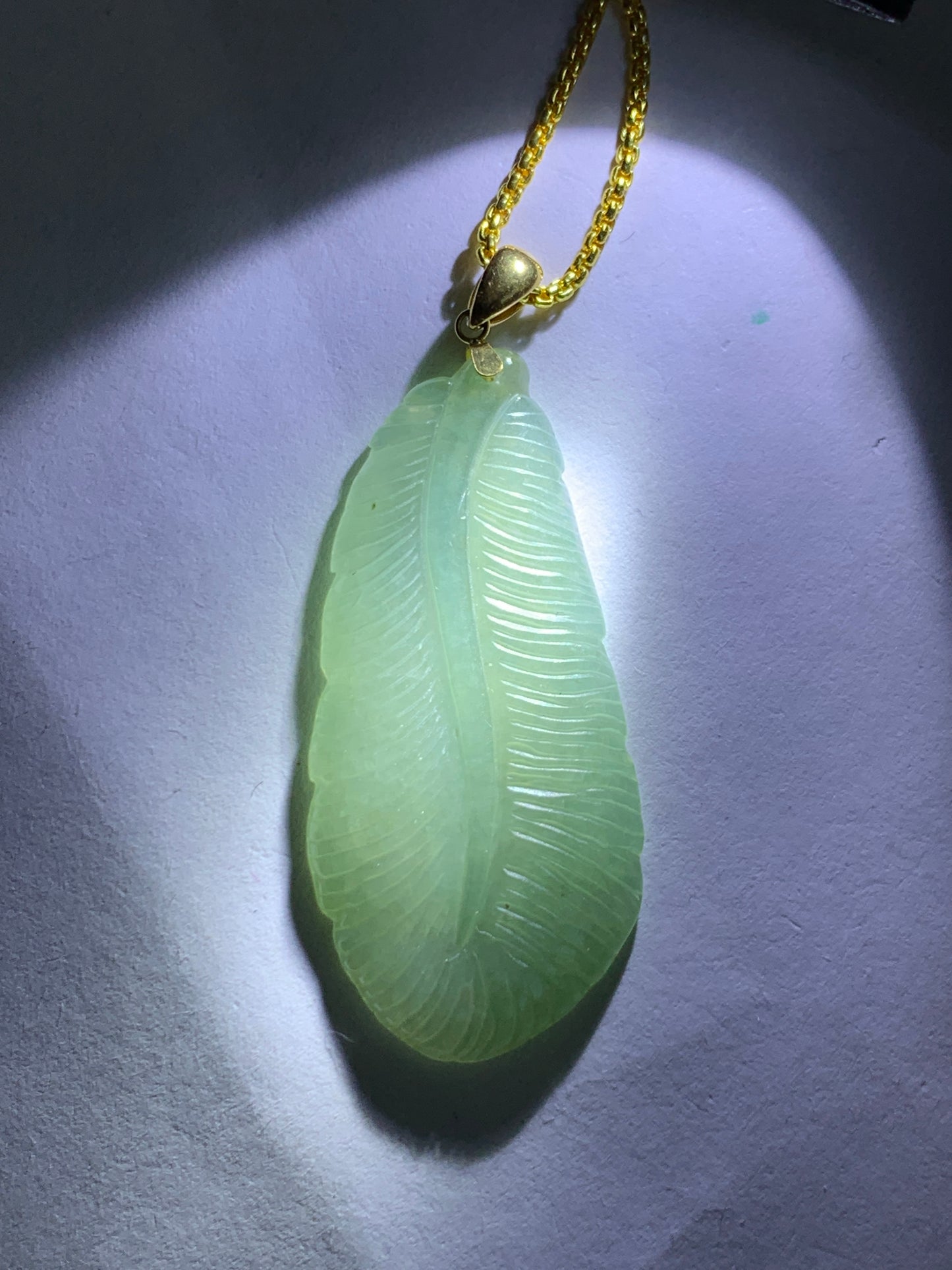 Natural Grade A Icy Translucent Light Green Jade Jadeite Carved Large Feather Pendant 18K Yellow Gold Bail 天然冰绿翡翠羽毛镶嵌吊坠 MQL228