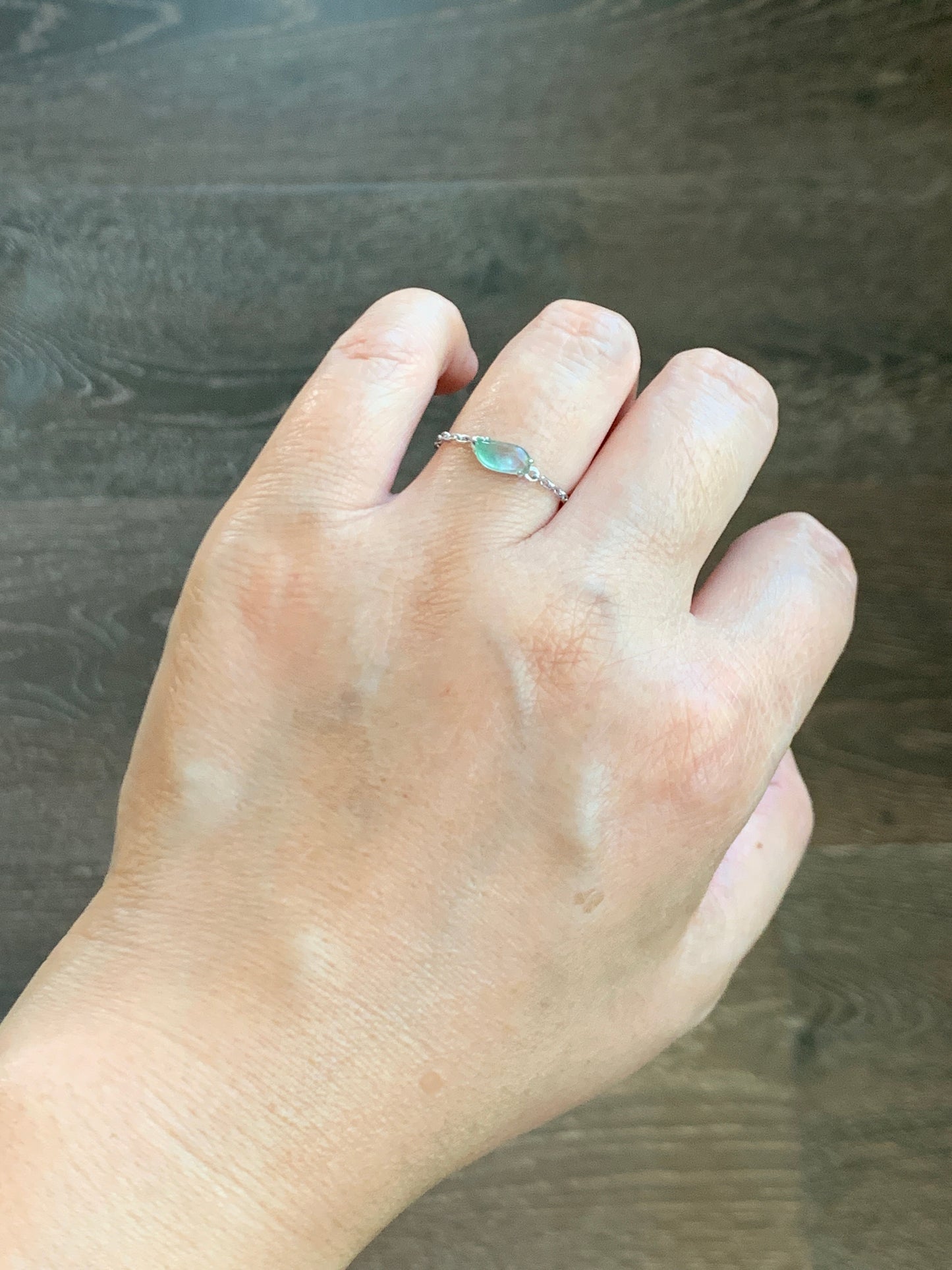 Certified Natural  Highly Translucent Green Marbling Jadeite "Horse Eye" Chain Ring 18K White Gold Adjustable 天然正高冰翡翠飘绿花马眼镶嵌戒指