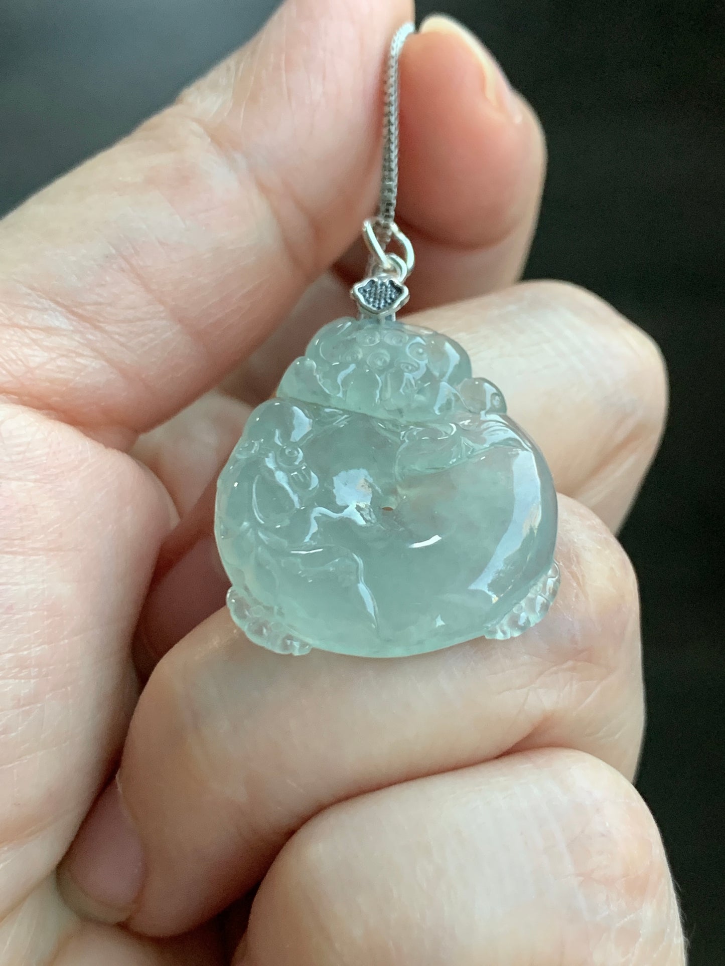 Certified Natural  Premium Icy Light Green Jadeite Lotus Flower Goldfish Ping An Kou Donut Pendant Sterling Silver 天然冰胶起光晴底翡翠莲花鱼吊坠