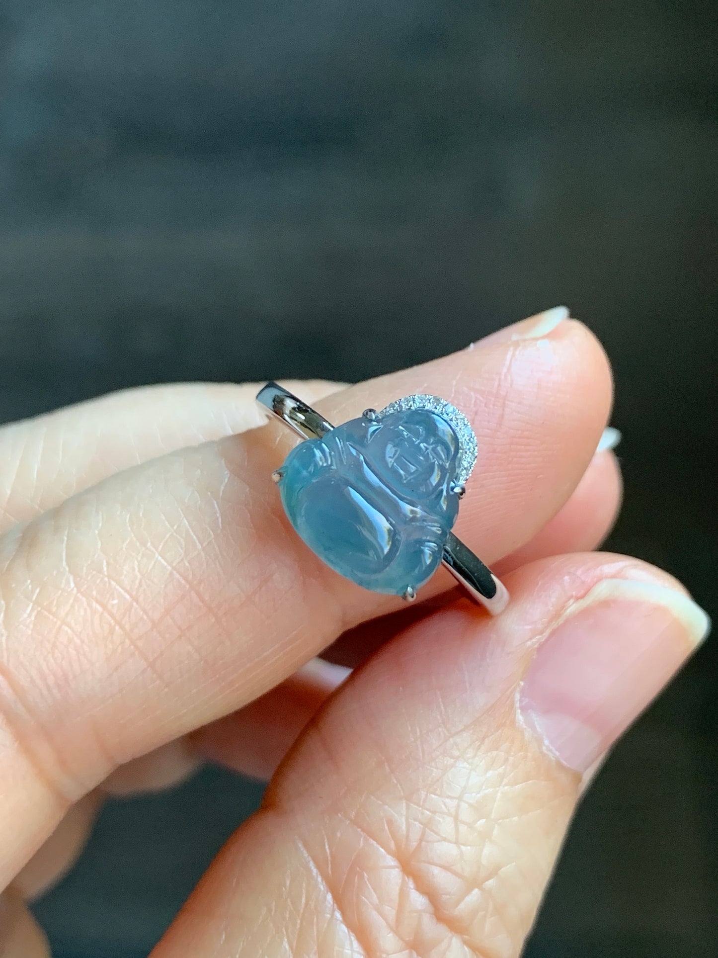 Certified Natural Guatemalan Highly Translucent Blue Jadeite Buddha & Diamond Ring 18K White Gold Size 7 天然高冰危蓝水翡翠佛公钻石镶嵌戒指