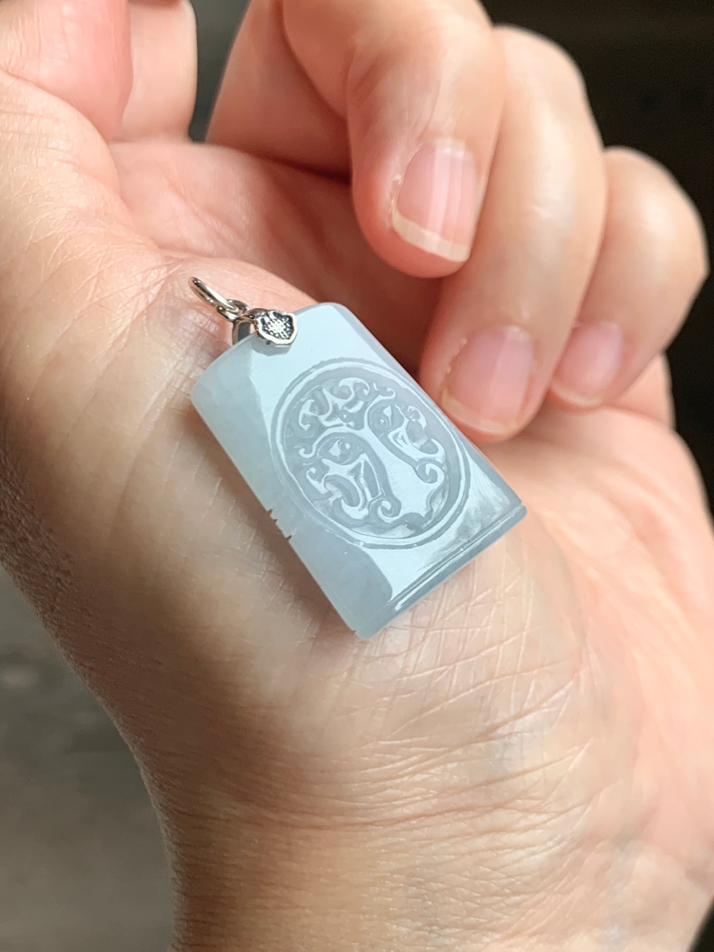 Natural Grade A Icy Translucent Pastel Blue Jade Jadeite Tao Tie Mythological Beast Tag Pendant Sterling Silver 7g 天然冰淡蓝底翡翠饕餮牌吊坠 TTE180