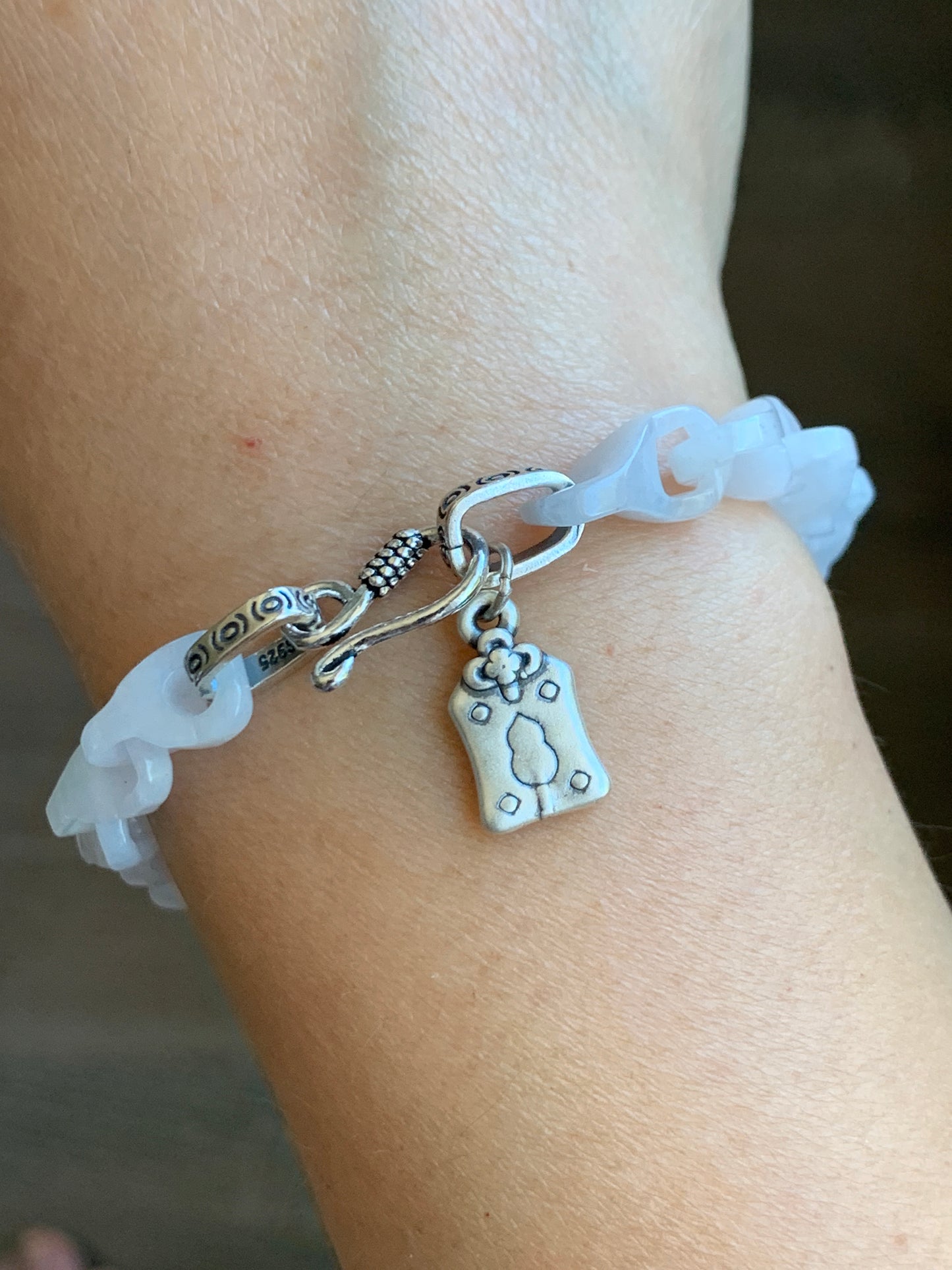 Natural Grade A Icy Translucent White Jade Jadeite Carved Interlocking Dragon Bone Chain Bracelet Sterling Silver Adjustable