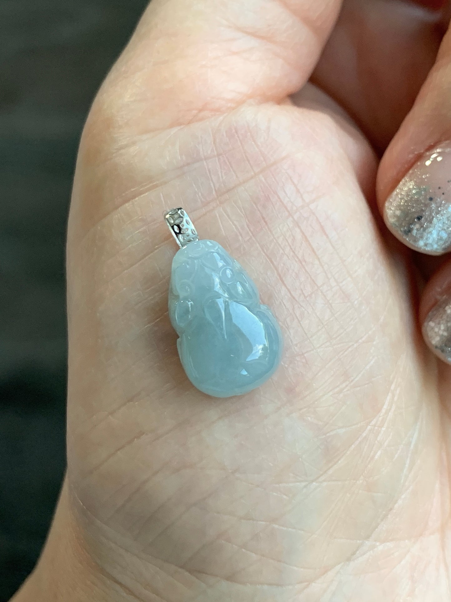 Natural Grade A Icy Translucent Gelatinous Pastel Dusty Blue Jade Jadeite Petite Pixiu Pendant 18K White Gold Bail 天然冰胶淡蓝翡翠貔貅吊坠 MTL250
