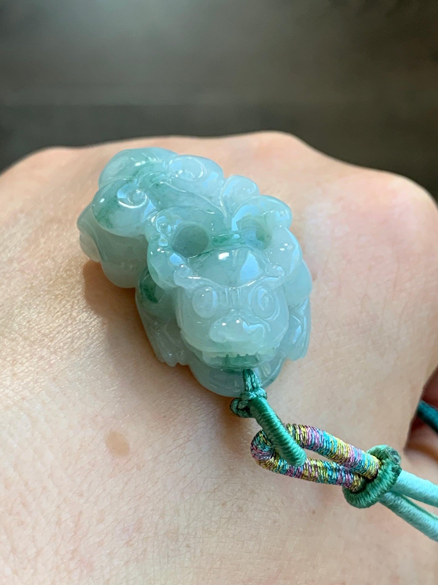 Natural Grade A Icy Translucent Gelatinous Green Marbled Jadeite Carved Pixiu Pendant Rope Necklace Adjustable 25" 24g 天然冰胶精工飘绿花翡翠貔貅吊坠