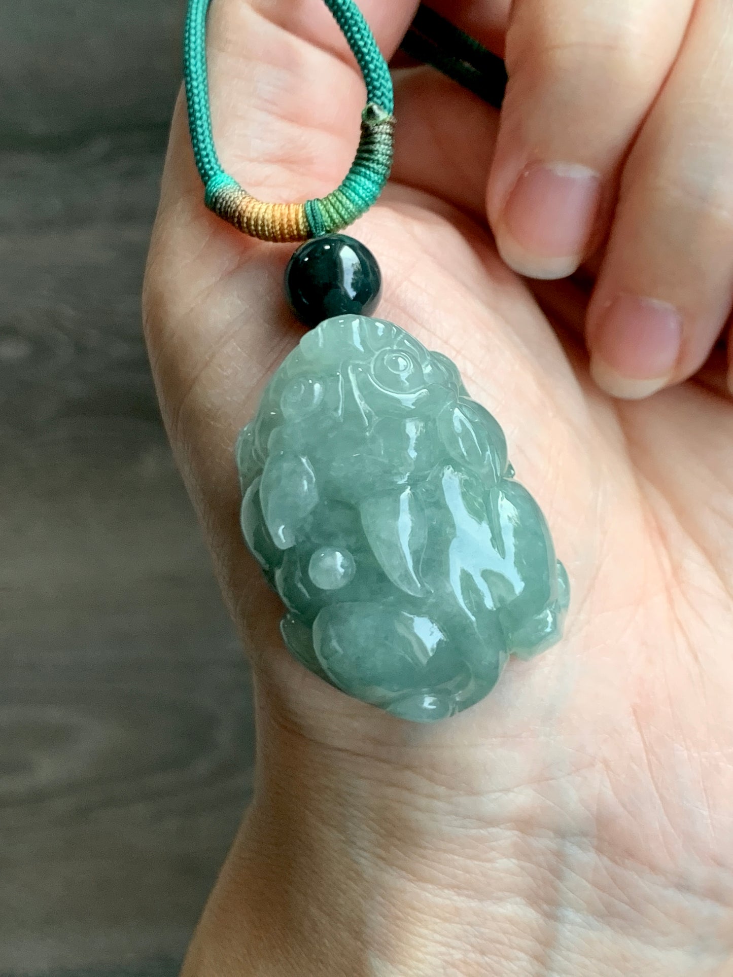 Large Natural  Icy Translucent Light Green Jadeite Pixiu Pendant Rope Necklace 30" Adjustable 36g 天然冰晴绿翡翠貔貅吊坠