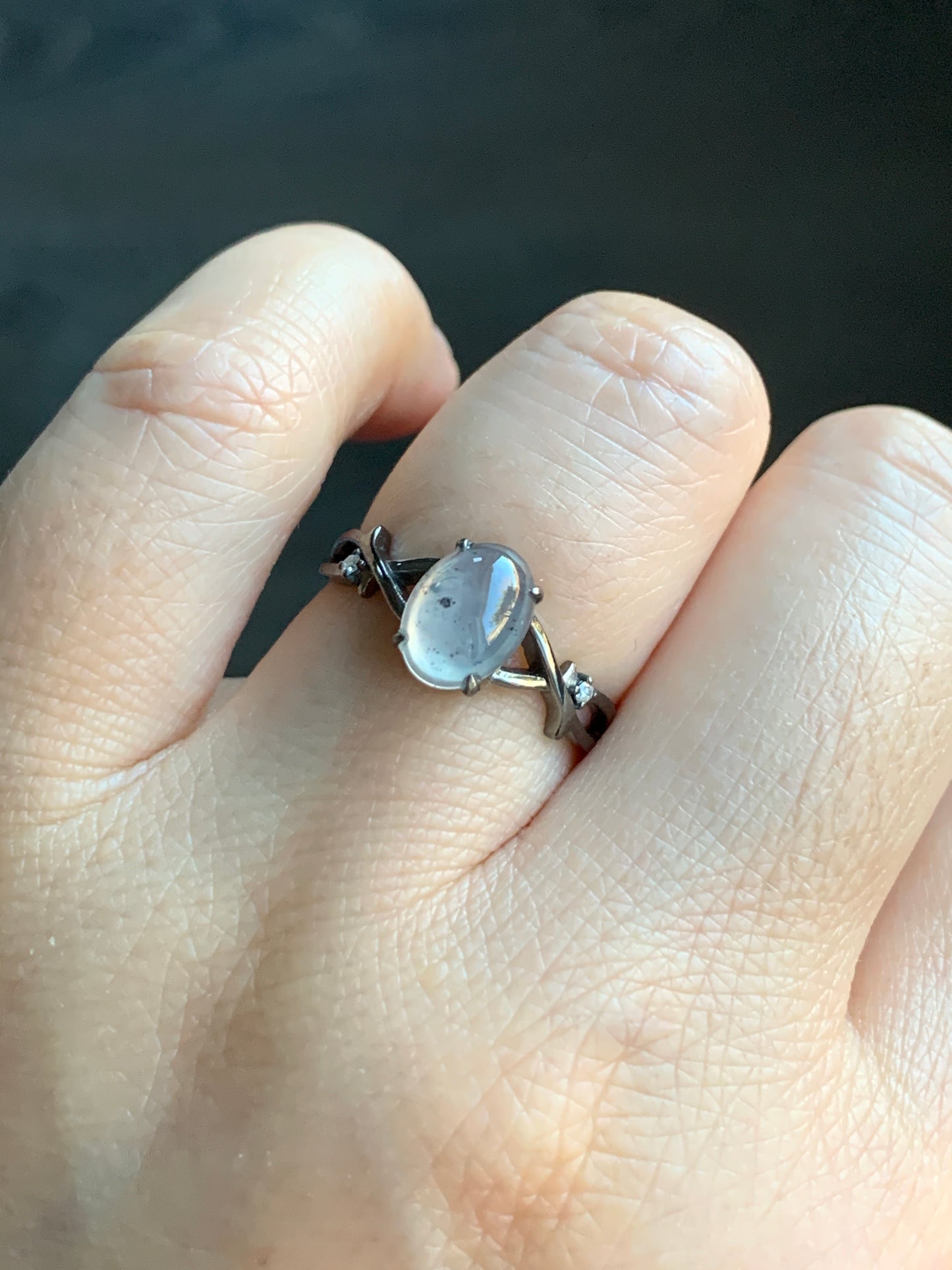 Certified Natural Grade A Premium Icy Transparent Wuji Marbled Jadeite Oval Solitaire Ring 18K Black Gold Diamonds Size 6.75 US 天然起光冰乌鸡翡翠黑金钻石戒指