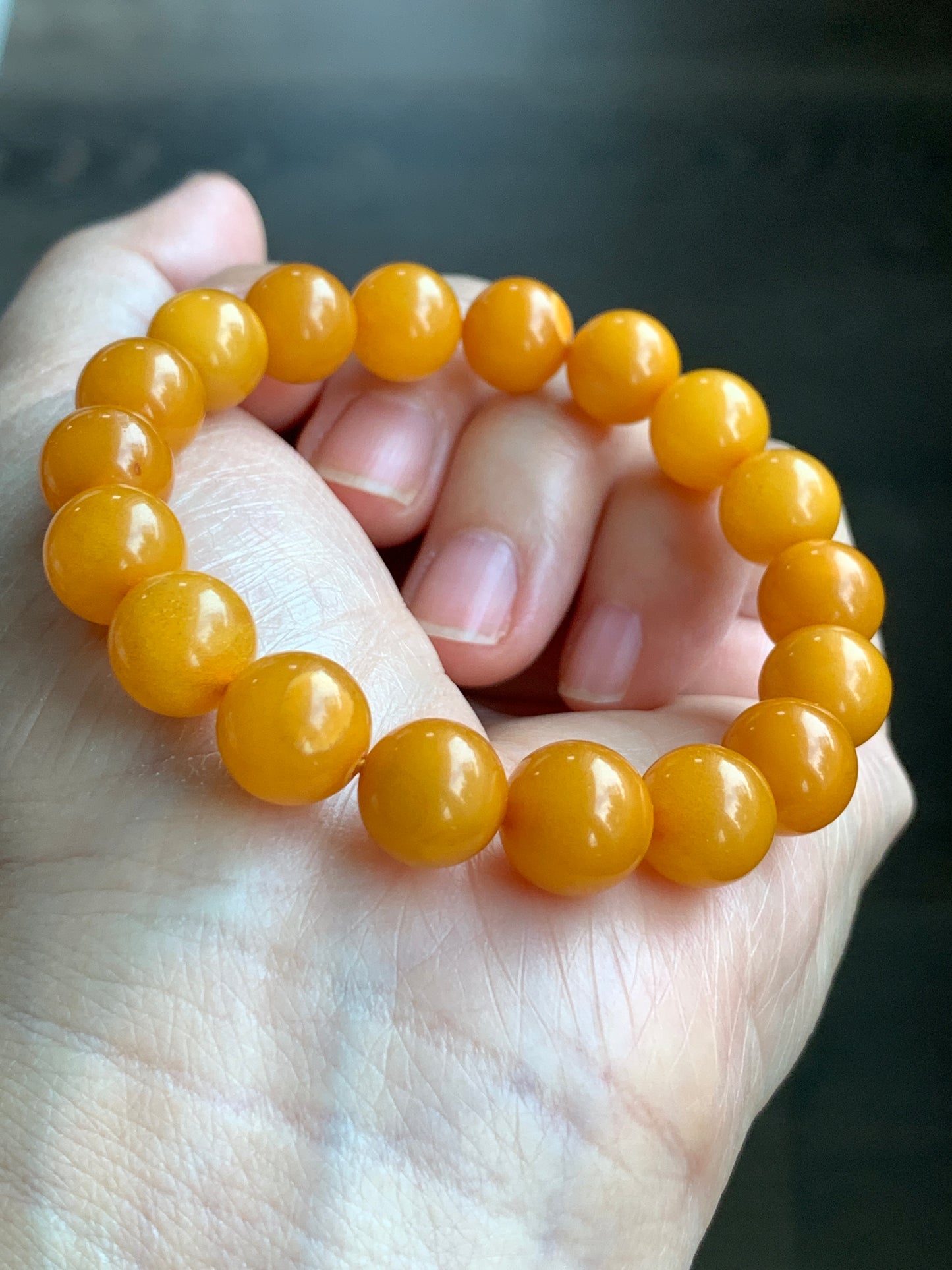 Natural Genuine Aged Beewax Golden Yellow Amber Beaded Bracelet Steetchy 9.9mm 6.25” 10g 天然蜜蜡满蜡琥珀手串 ZMLZ288