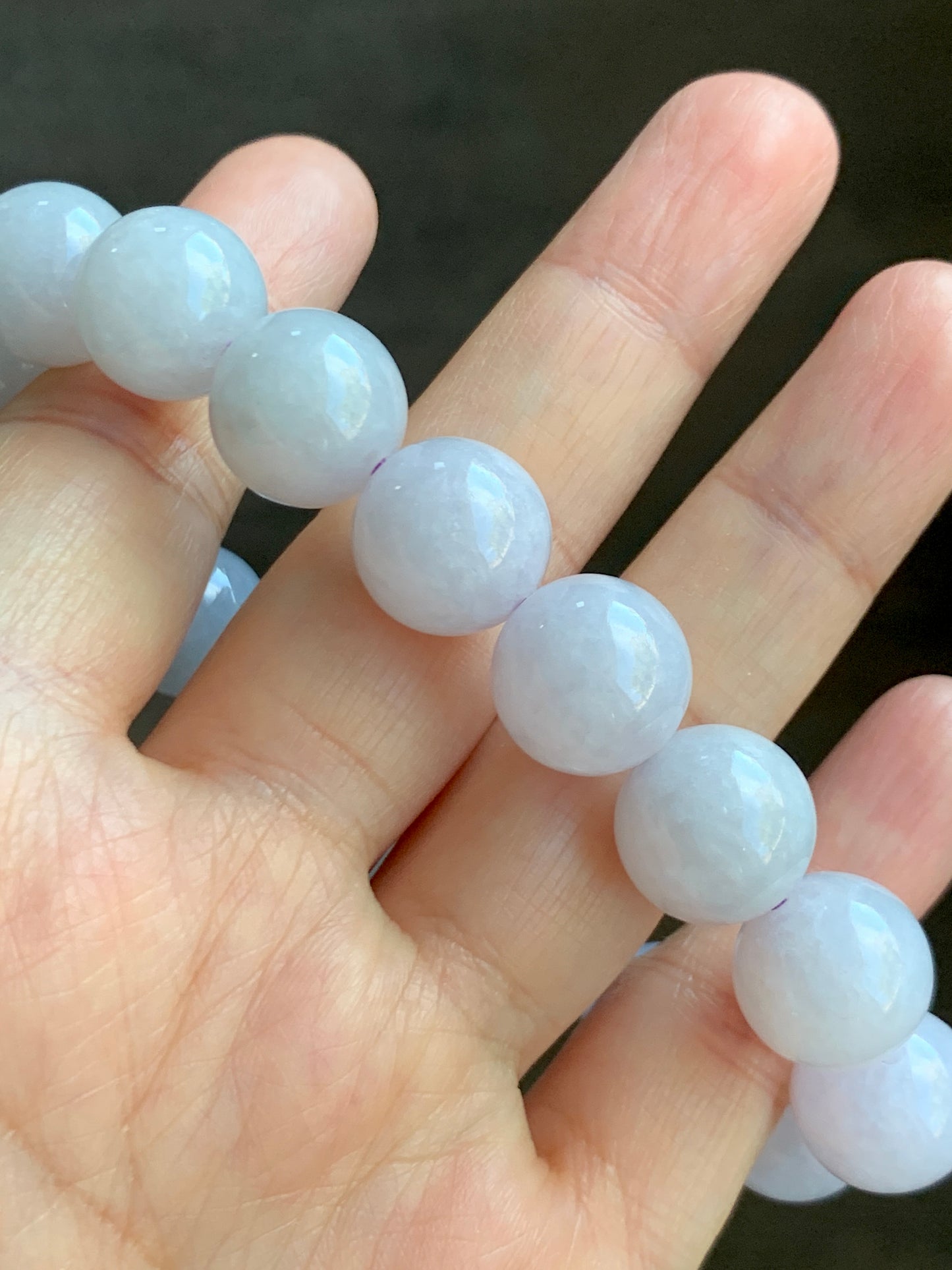Certified Natural  Icy Translucent White Jadeite Light Lavender Undertone Beads Beaded Bracelet 13.4mm 8” 68.9g 天然冰胶紫底翡翠大卡手串 4100