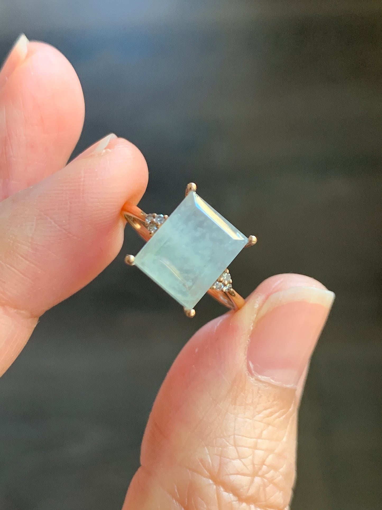 Certified Natural Grade A Icy Highly Translucent Pastel Green Emerald Cut Jadeite Ring 18K Rose Gold Diamonds Size 7 天然正冰晴底雪花棉翡翠切割面钻石镶嵌戒指