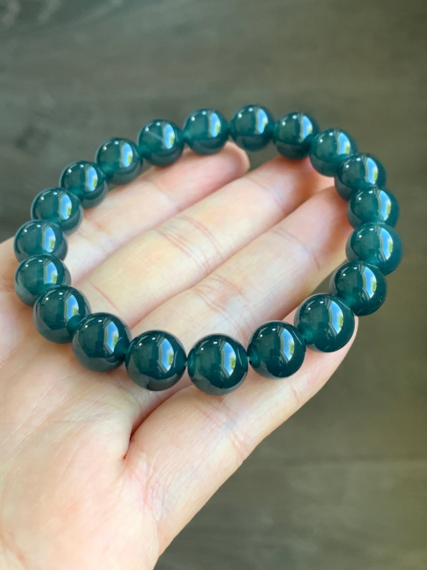 Certified Natural Grade A Icy Highly Translucent Gelatinous Dark Teal Blue Jadeite Beaded Bracelet 9.9mm 7.25” 33g 7817