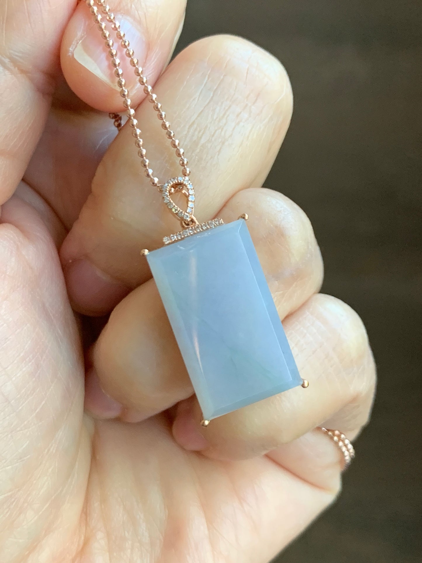 Certified Natural Grade A Pastel Purple Green Marbled Jade Jadeite Wu Shi Pai Pendant 18K Rose Gold Diamonds 5.5g 天然翡翠冰紫飘绿花钻石无事牌镶嵌吊坠 3157