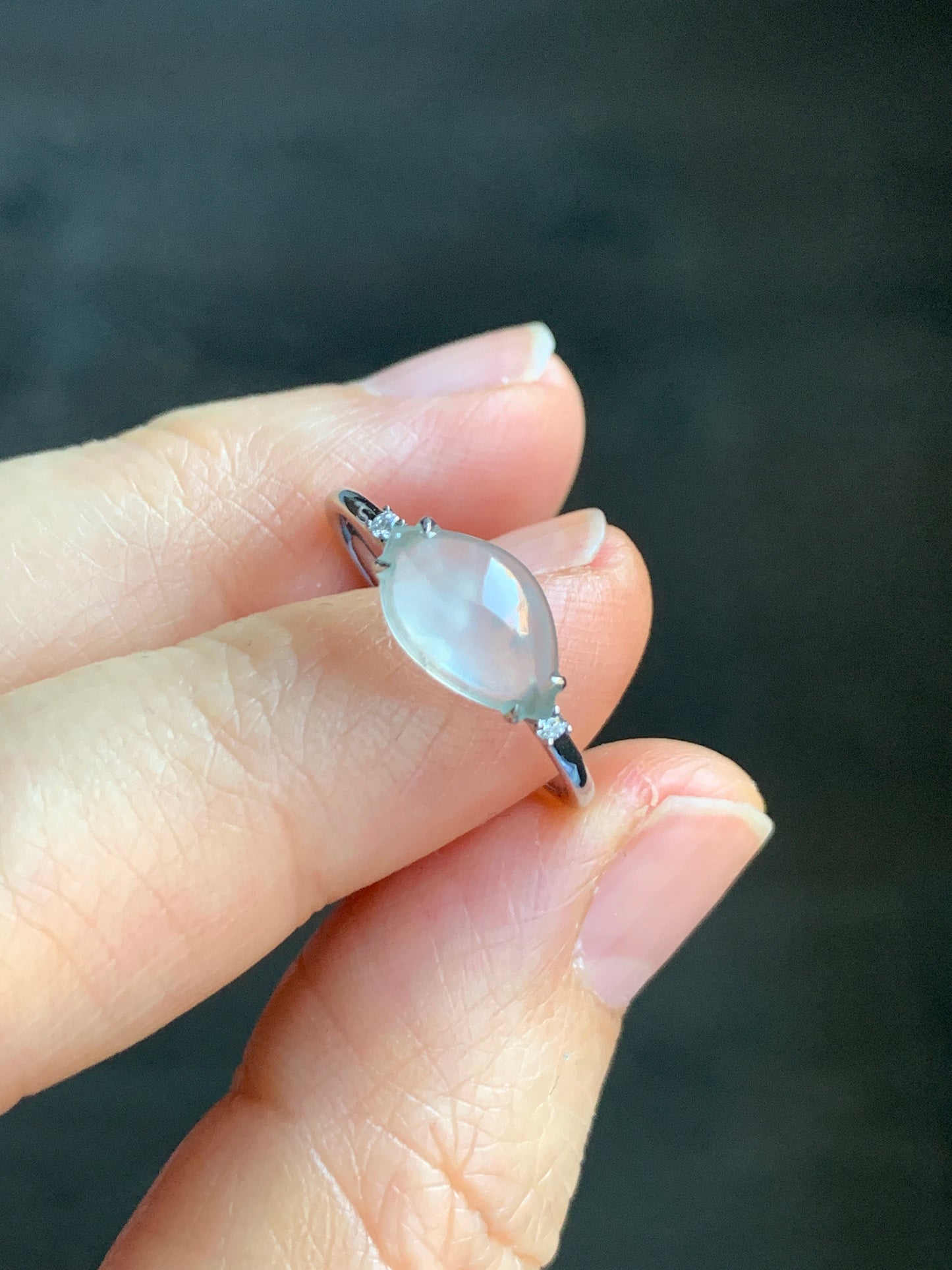 Certified Natural Grade A Premium Icy White Jadeite Horse Eye Cabochon Ring 18K White Gold Diamonds Size 7 US 1.65g 天然高冰木纳翡翠马眼镶嵌戒指 7066