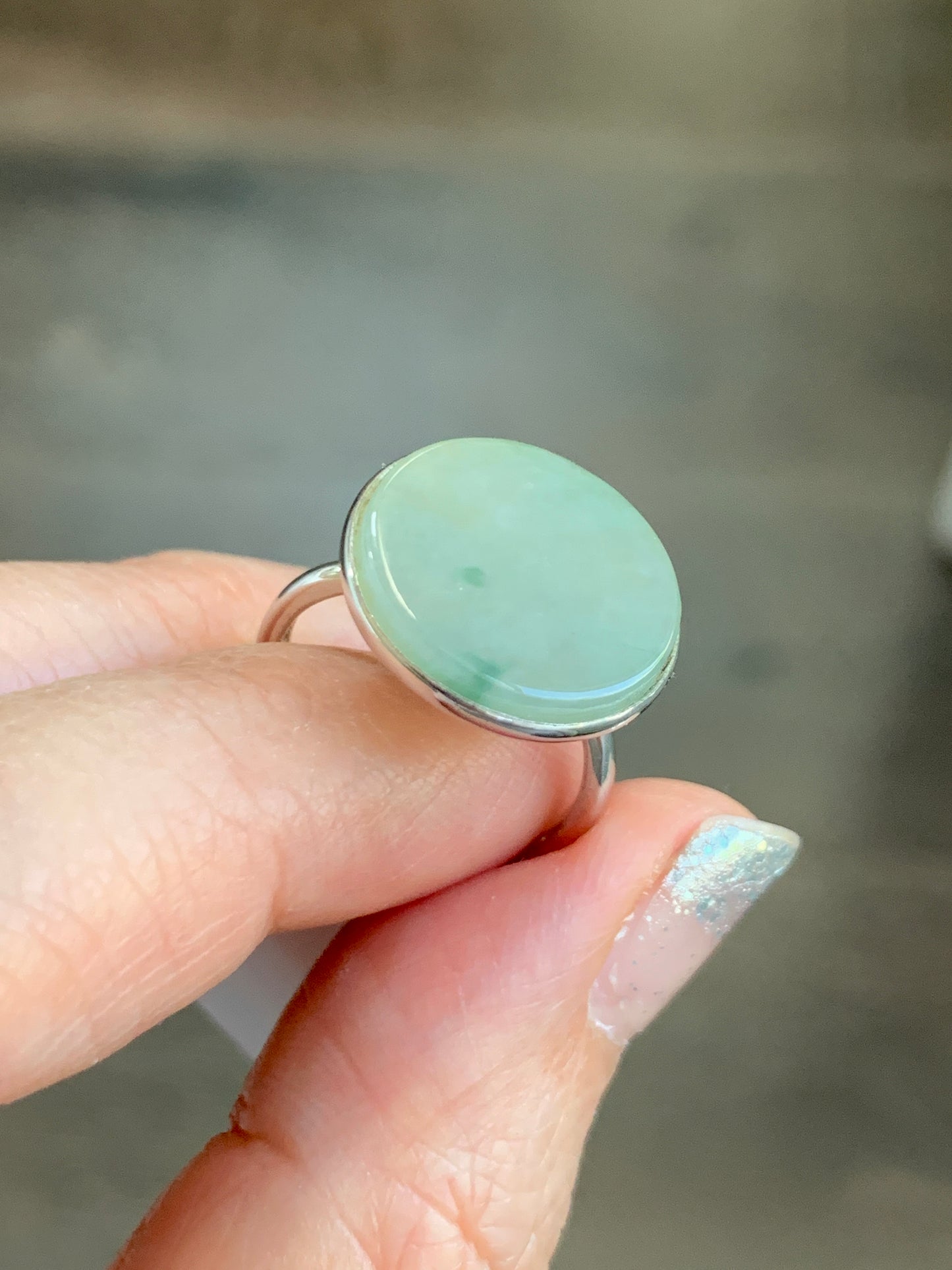 Natural Grade A Icy Translucent Gelatinous Dusty Green w/ Green Marbling Jade Jadeite Disc Ring S925 Silver Size Adjustable 天然晴绿飘花翡翠无事牌银镶戒指 WSP
