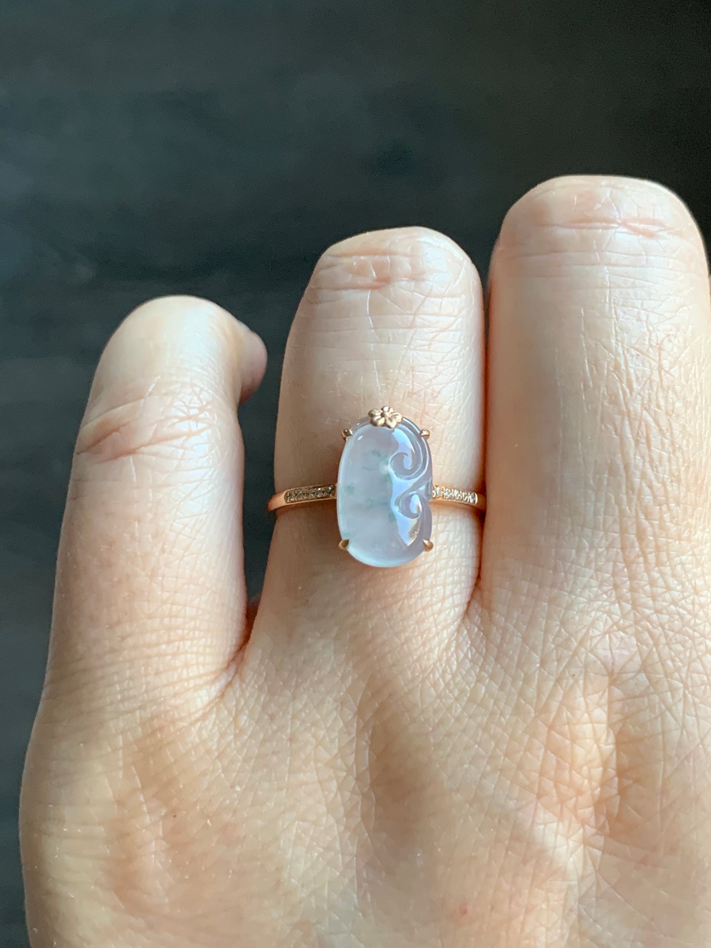 Certified Natural Garde A Premium Icy Translucent Teal Green Marbled Jadeite Ruyi Ring 18K Rose Gold Diamonds Size 7 天然翡翠冰胶飘花如意钻石镶嵌戒指 560