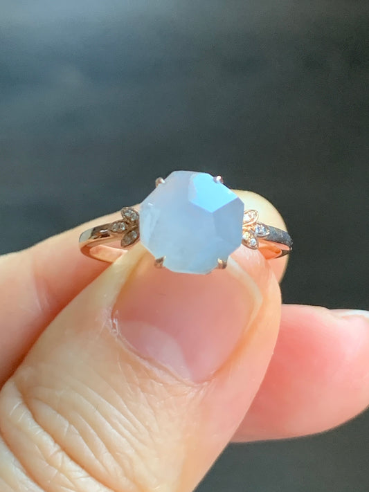 Certified Grade A Natural Icy Translucent Light Purple Jadeite Faceted Cabochon Ring 18K Rose Gold Diamonds Size 7 US 2.26g 天然冰紫翡翠切割面镶嵌钻石戒指