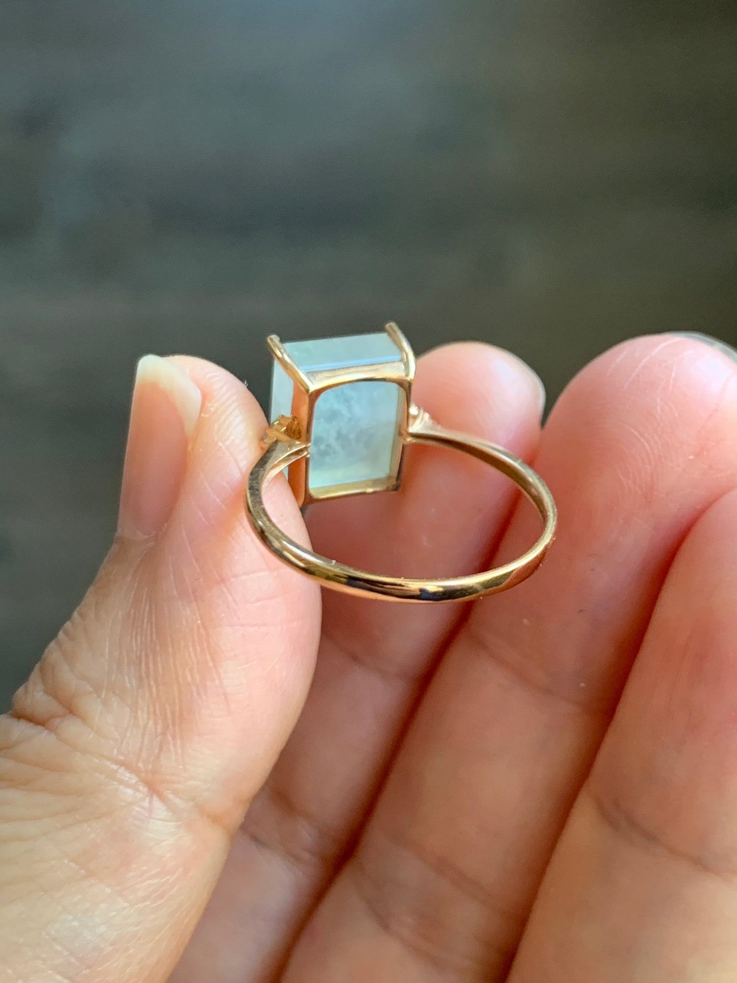 Certified Natural Grade A Icy Highly Translucent Pastel Green Emerald Cut Jadeite Ring 18K Rose Gold Diamonds Size 7 天然正冰晴底雪花棉翡翠切割面钻石镶嵌戒指