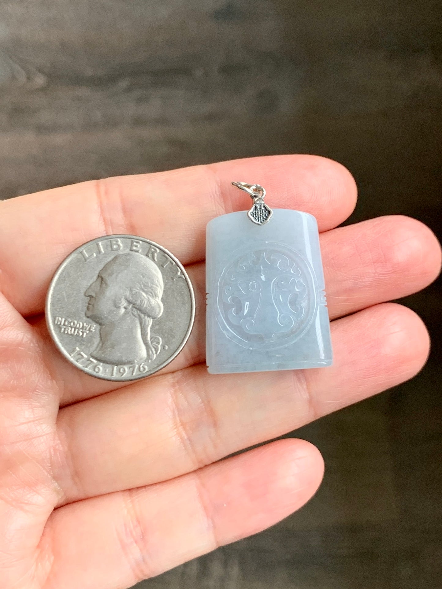 Natural Grade A Icy Translucent Pastel Blue Jade Jadeite Tao Tie Mythological Beast Tag Pendant Sterling Silver 7g 天然冰淡蓝底翡翠饕餮牌吊坠 TTE180