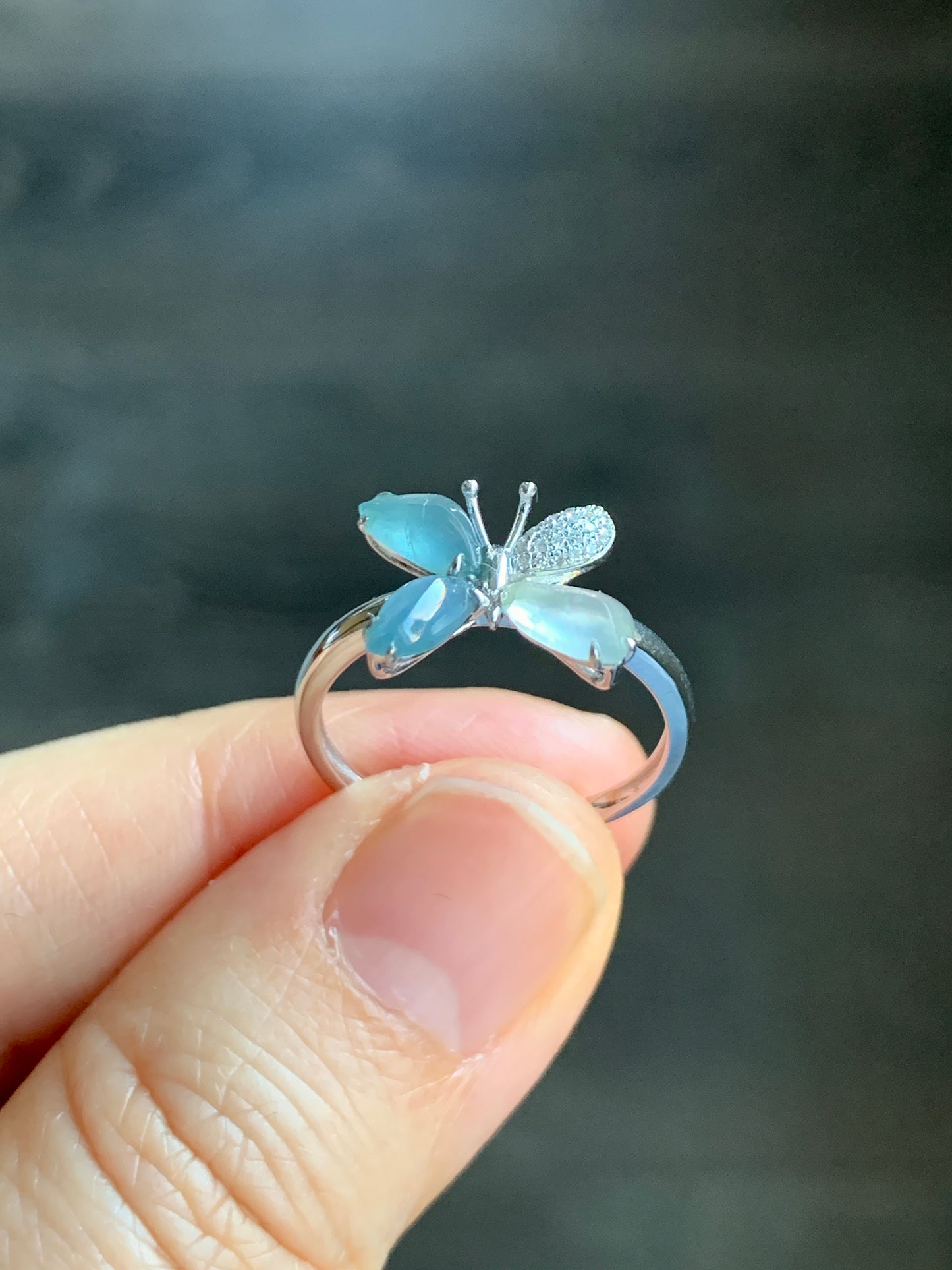 Certified Natural Grade A Guatemalan Premium Icy Blue & White Jadeite Butterfly Ring 18K White Gold Diamonds Sz 7 US 天然危蓝正冰起光翡翠蝴蝶钻石白金镶嵌戒指