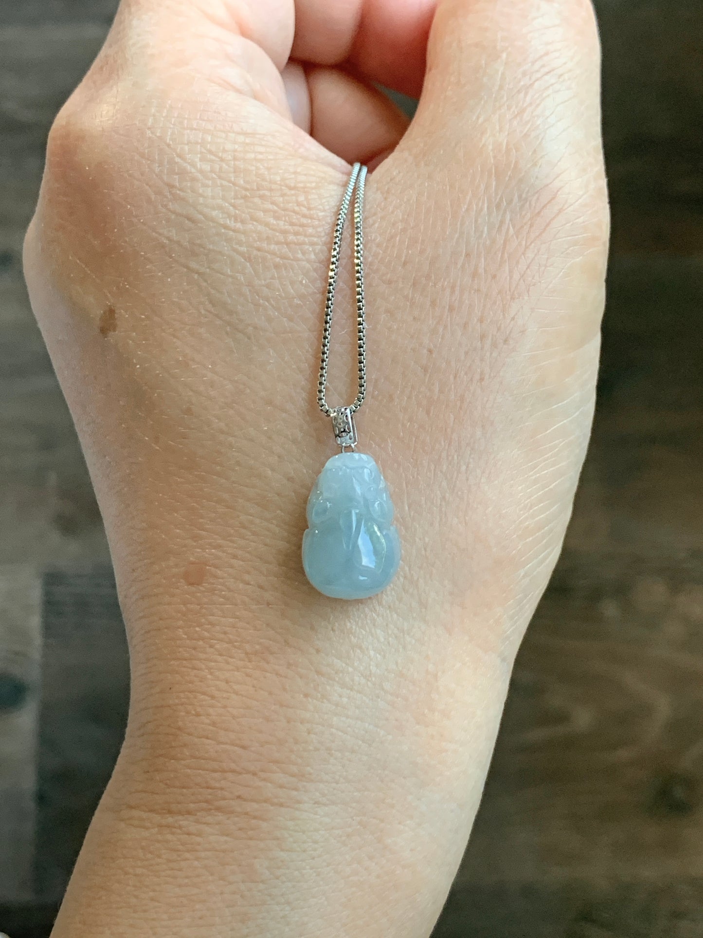 Natural Grade A Icy Translucent Gelatinous Pastel Dusty Blue Jade Jadeite Petite Pixiu Pendant 18K White Gold Bail 天然冰胶淡蓝翡翠貔貅吊坠 MTL250
