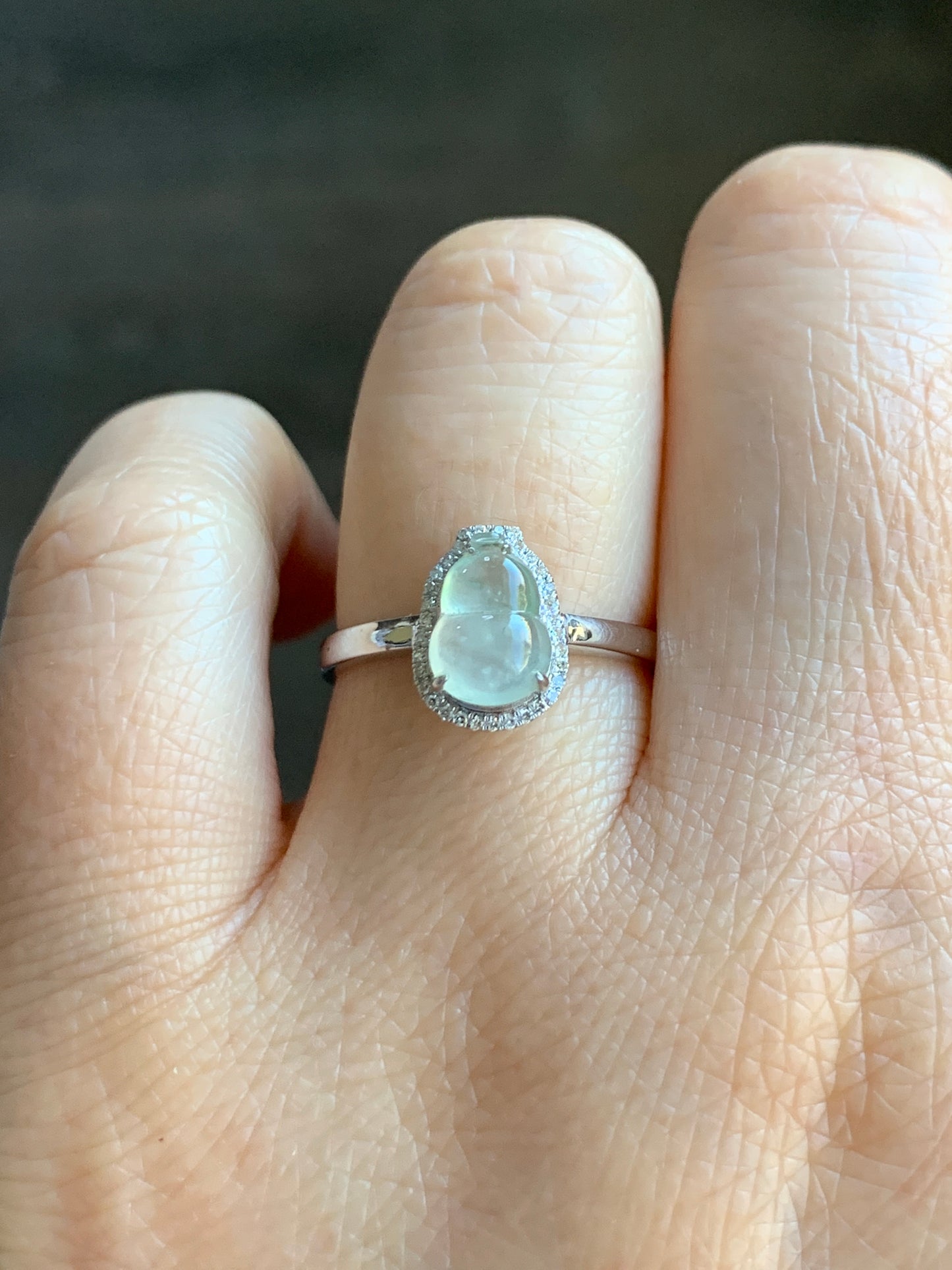 Certified Natural  Premium Highly Translucent Jadeite Hulu Gourd Ring 18K White Gold & Diamonds Sz 7 天然正冰起光起钢白冰葫芦钻石镶嵌戒指