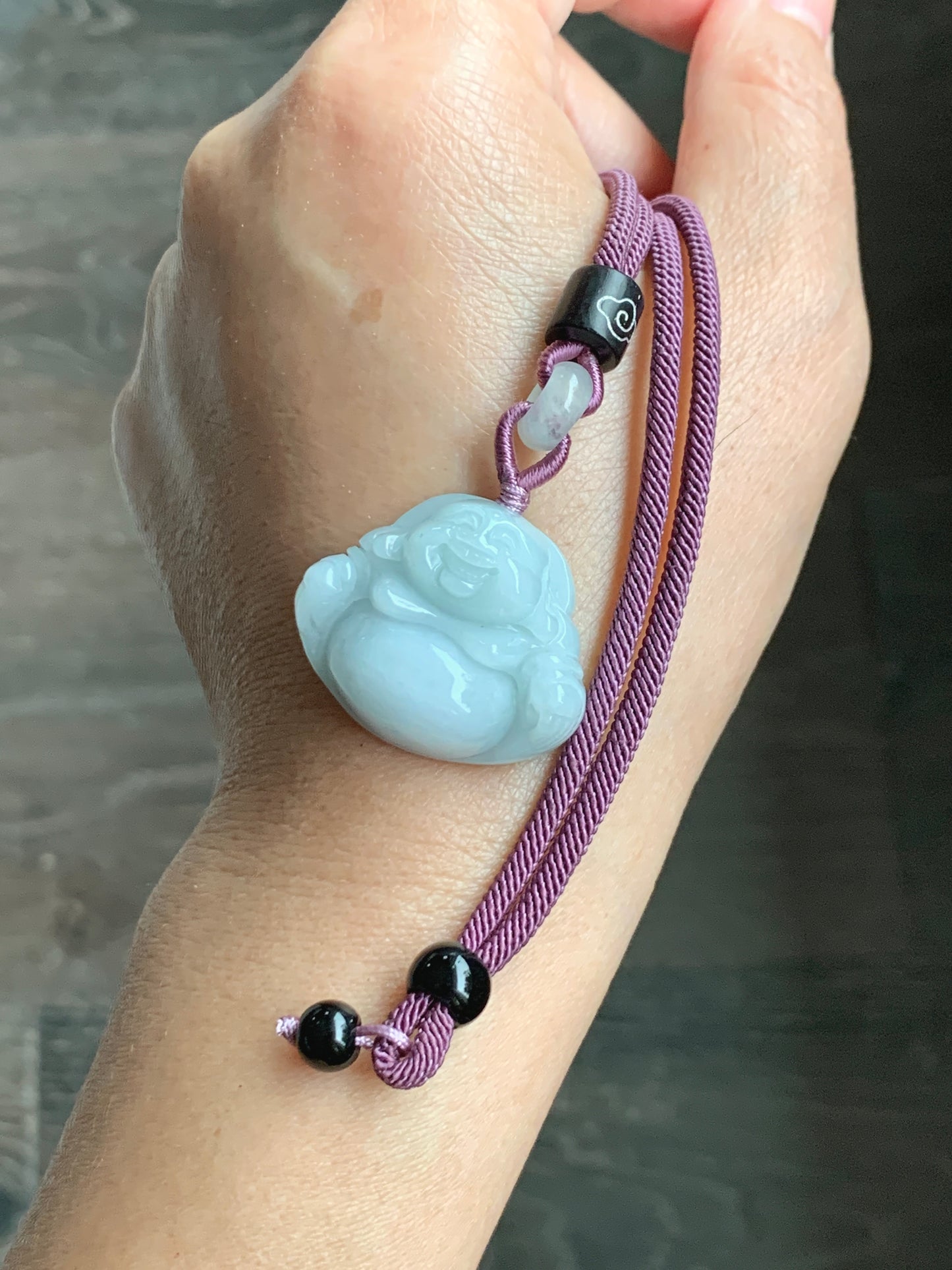 Natural  Translucent Light Bluish Green Jadeite Buddha Pendant Rope Necklace 25” 天然细糯晴蓝底翡翠佛公吊坠