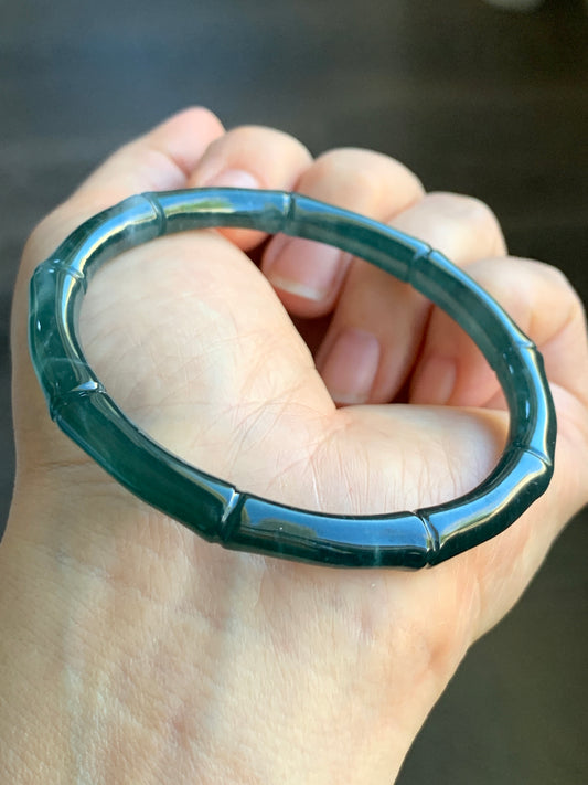 Certified Natural Grade A Icy Translucent Gelatinous Dark Teal Green Jadeite Carved Bamboo Bangle Bracelet 56.7mm 7” 19.2g 天然冰危深篮绿翡翠竹节手镯 7828