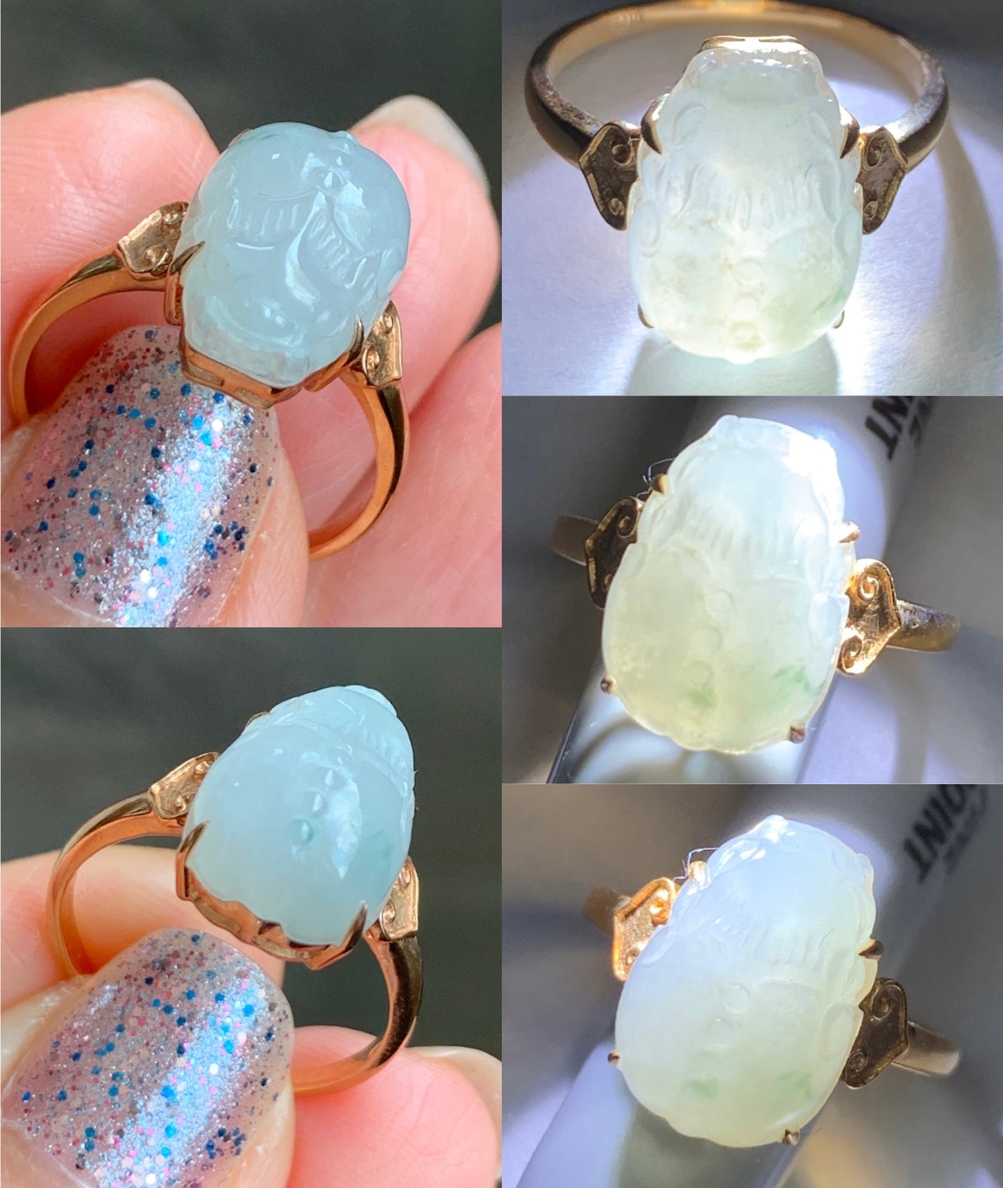 Certified Natural Grade A Icy Translucent Gelatinous Green Marbled Jadeite Pixiu Ring Size 7 18K Rose Gold  3.74g 天然冰淡晴底飘花翡翠貔貅镶嵌戒指 7065