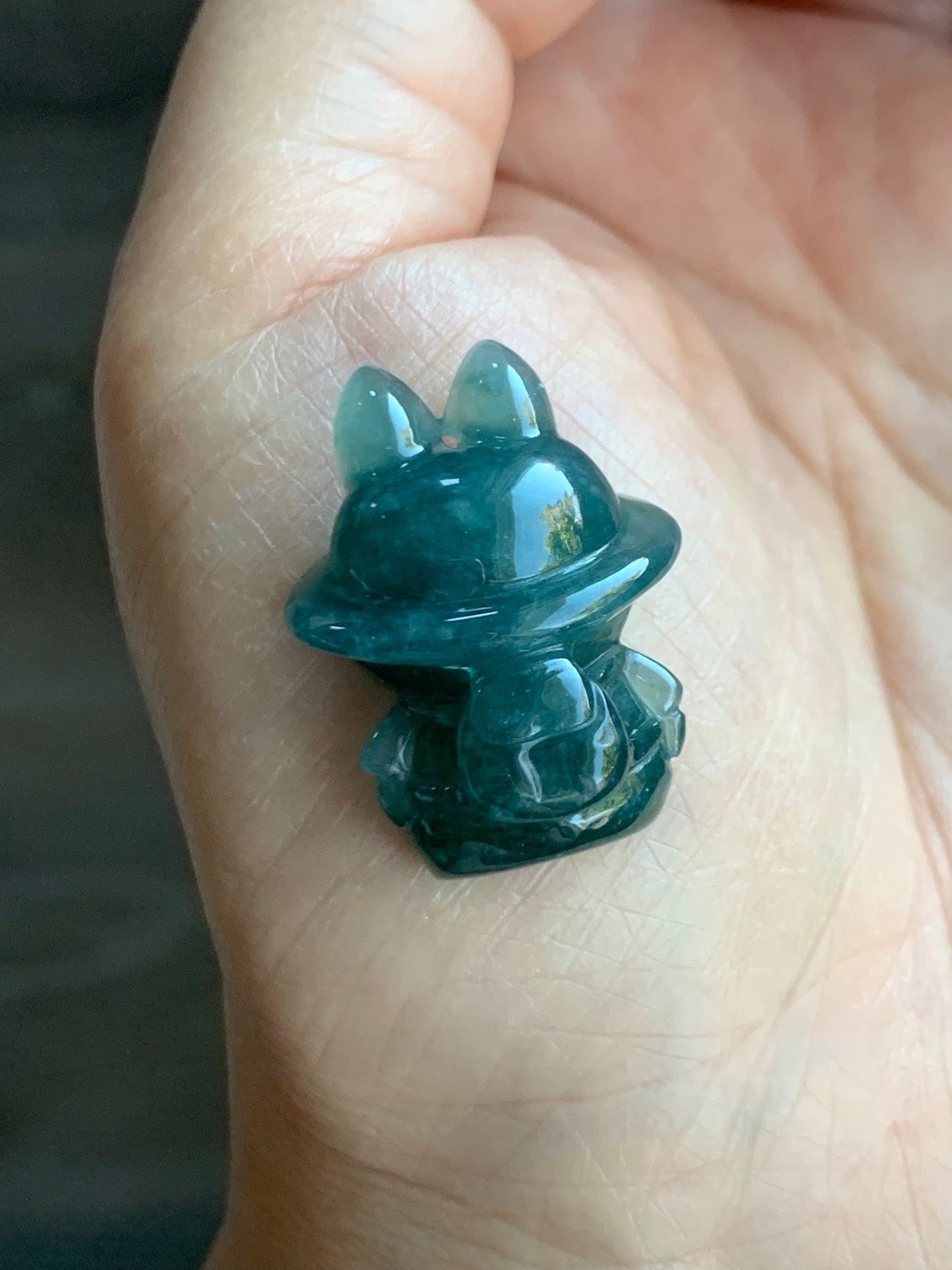 Natural Grade A Guatemalan Icy Translucent Dark Teal Blue Jade Jadeite Carved Monster Plush Pendant Rope Necklace 26” 天然冰胶危深蓝绿翡翠吊坠 LBB88-B