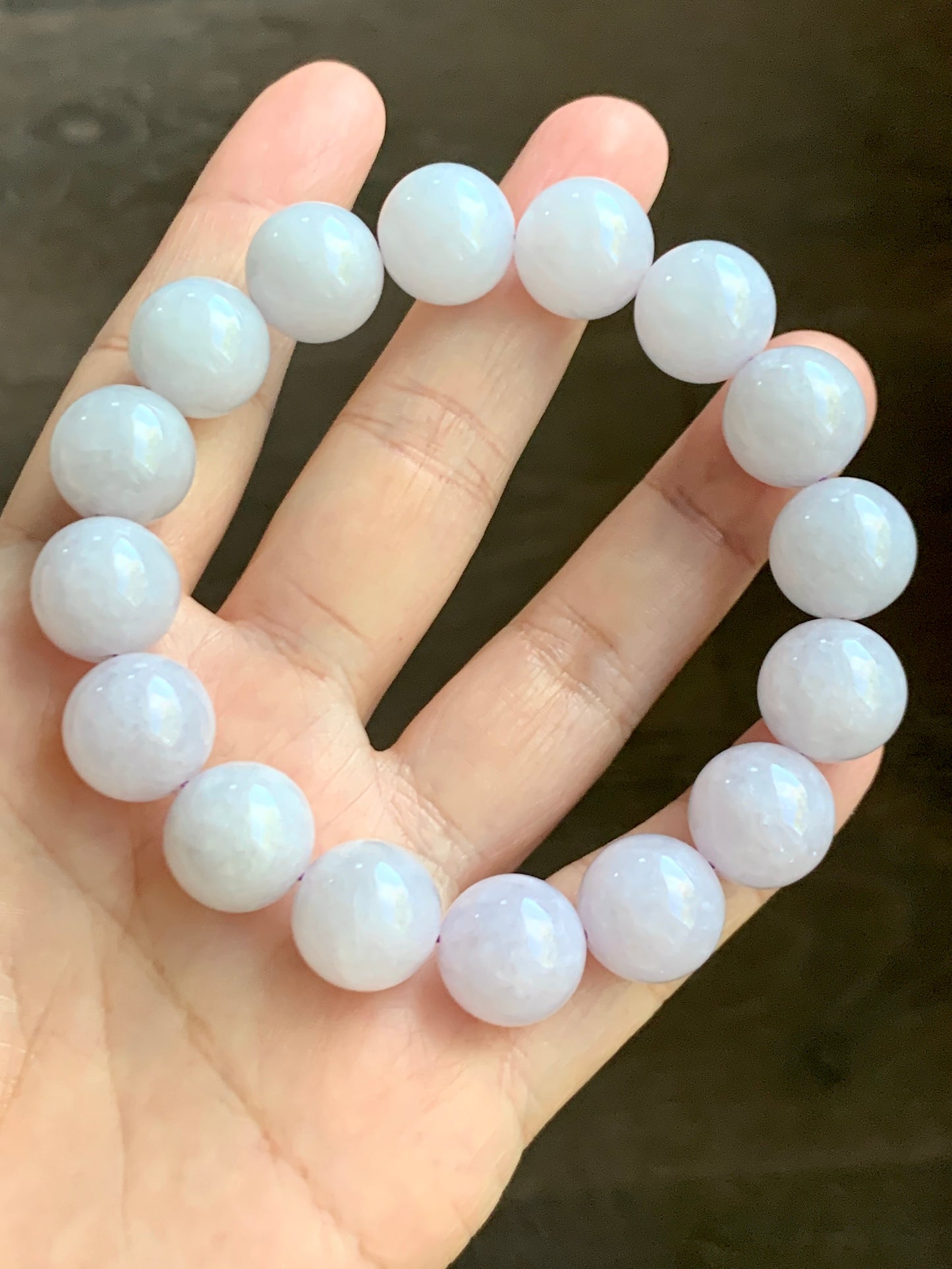 Certified Natural  Icy Translucent White Jadeite Light Lavender Undertone Beads Beaded Bracelet 13.4mm 8” 68.9g 天然冰胶紫底翡翠大卡手串 4100