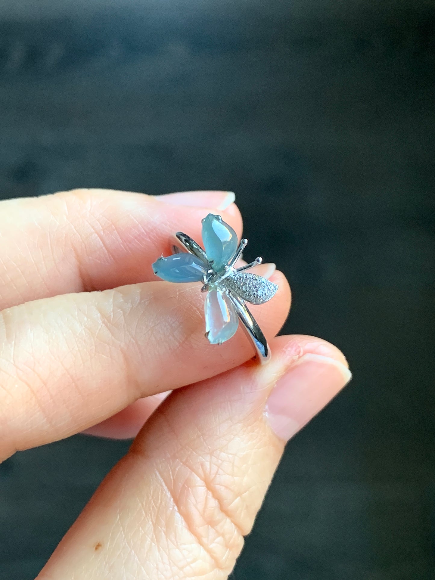 Certified Natural Grade A Guatemalan Premium Icy Blue & White Jadeite Butterfly Ring 18K White Gold Diamonds Sz 7 US 天然危蓝正冰起光翡翠蝴蝶钻石白金镶嵌戒指